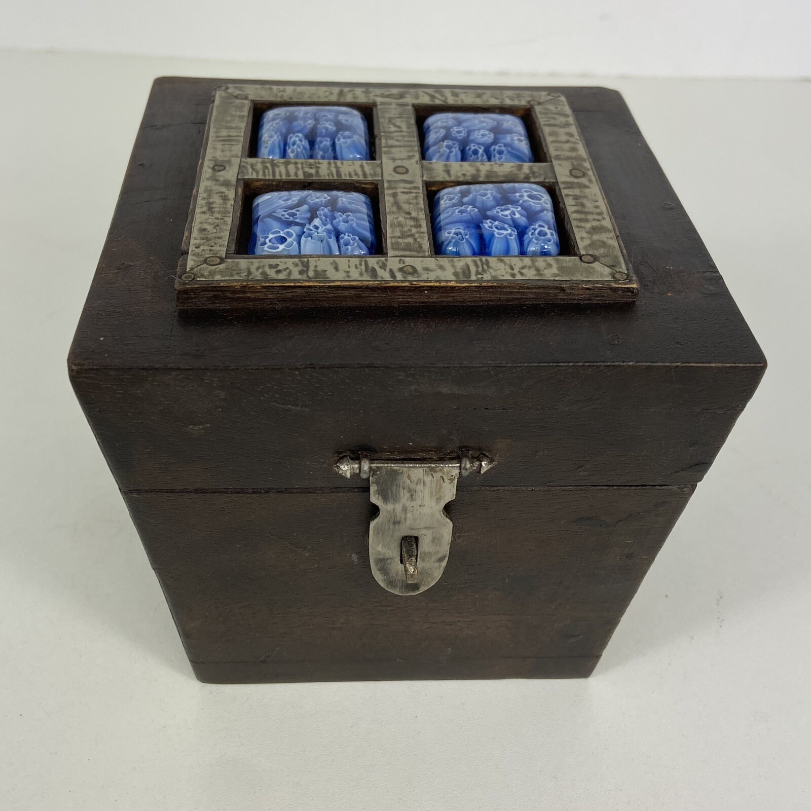 Vtg 4” Wooden Trinket Box Millefiori Handmade Jewelry Hinged Floral
