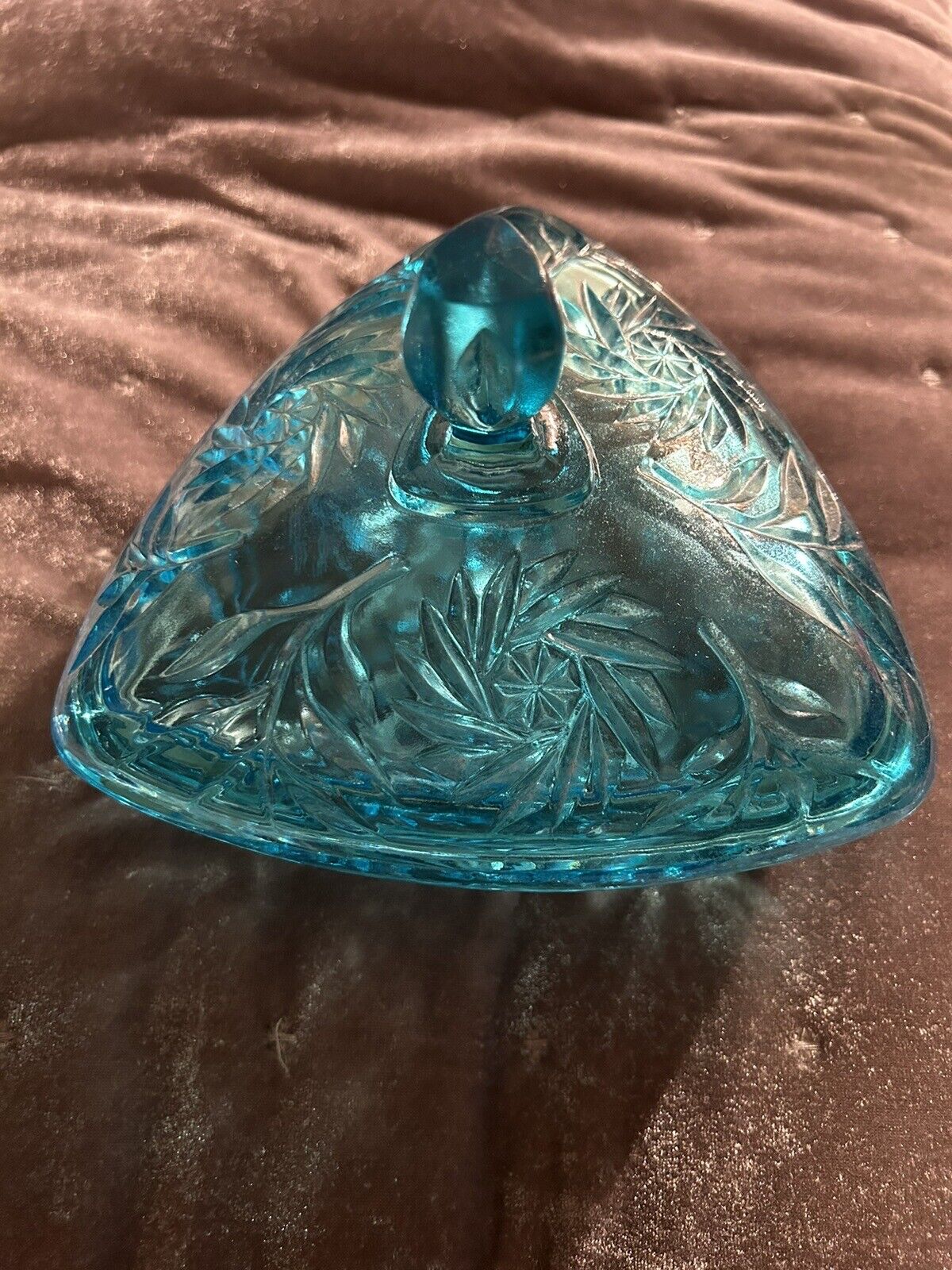 Vintage Depression Hazel Atlas Blue Aqua Glass Triangle Candy Dish with Lid