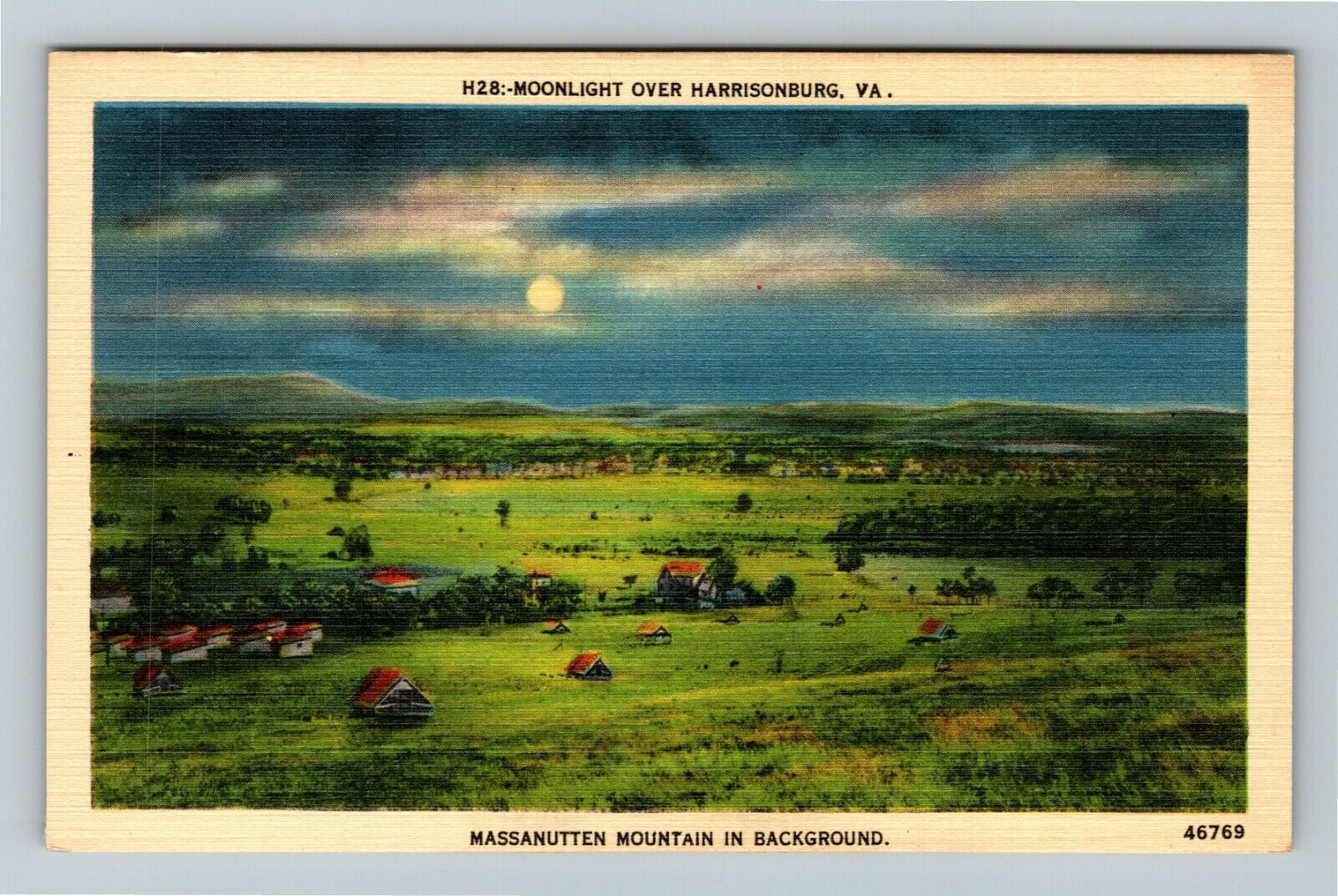 Harrisonburg VA-Virginia, Moonlight Vintage Souvenir Postcard