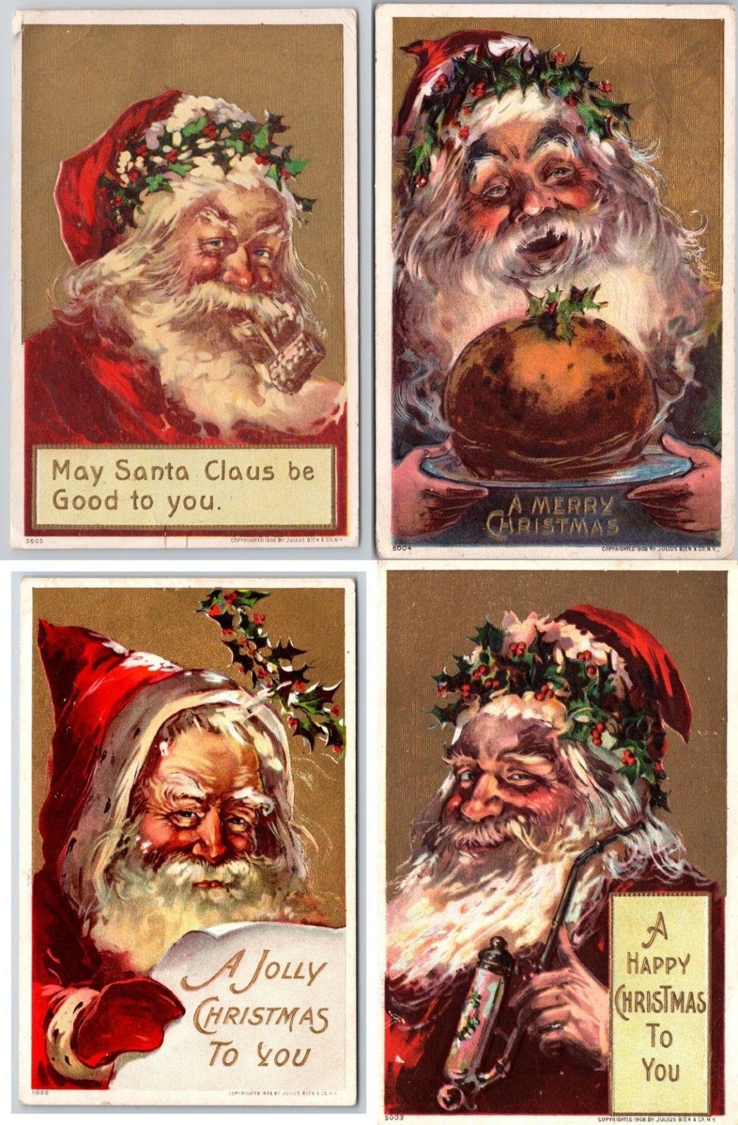 Lot of 4~Santa Claus w. Pipes~Pudding~Notes~1900's ~Antique  Christmas Postcards