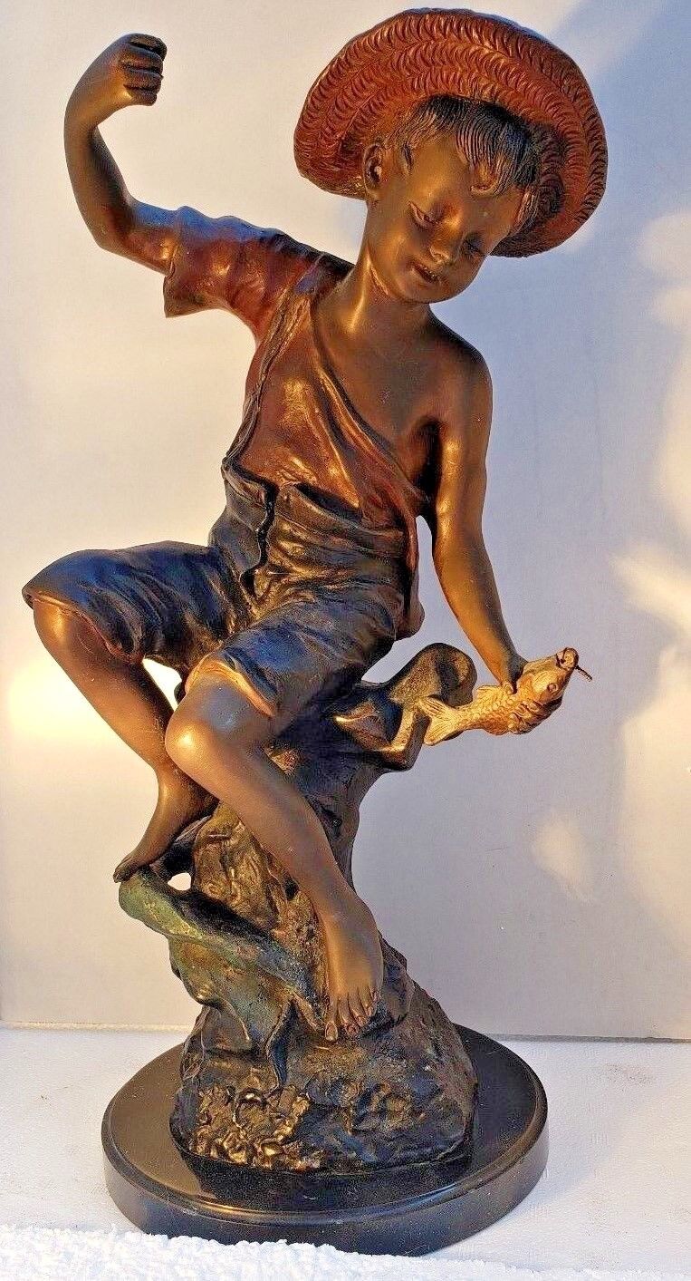 Goldscheider Bronze Statue 1905 Boy Fishing France Foundry Marble Base 17\
