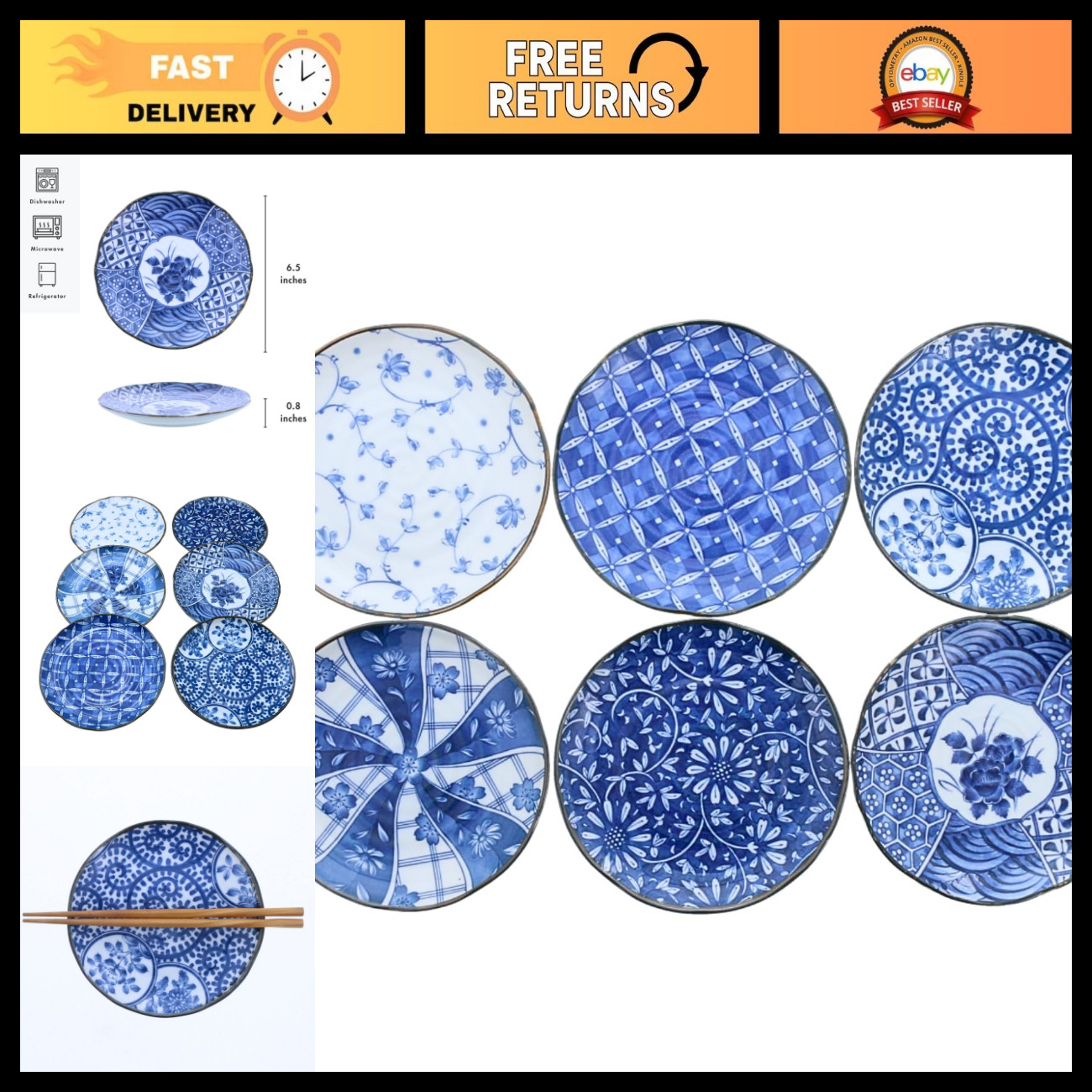Japanese Style Porcelain Plates Set of 6 - 6.5\