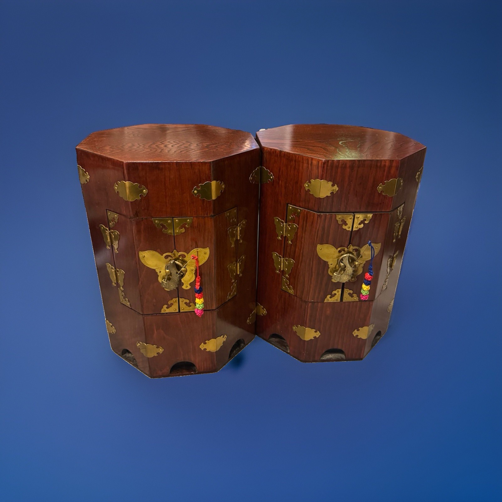 Pair Vintage Korean Octagonal Wood Hat Boxes Brass Fish Locks Chests 17”