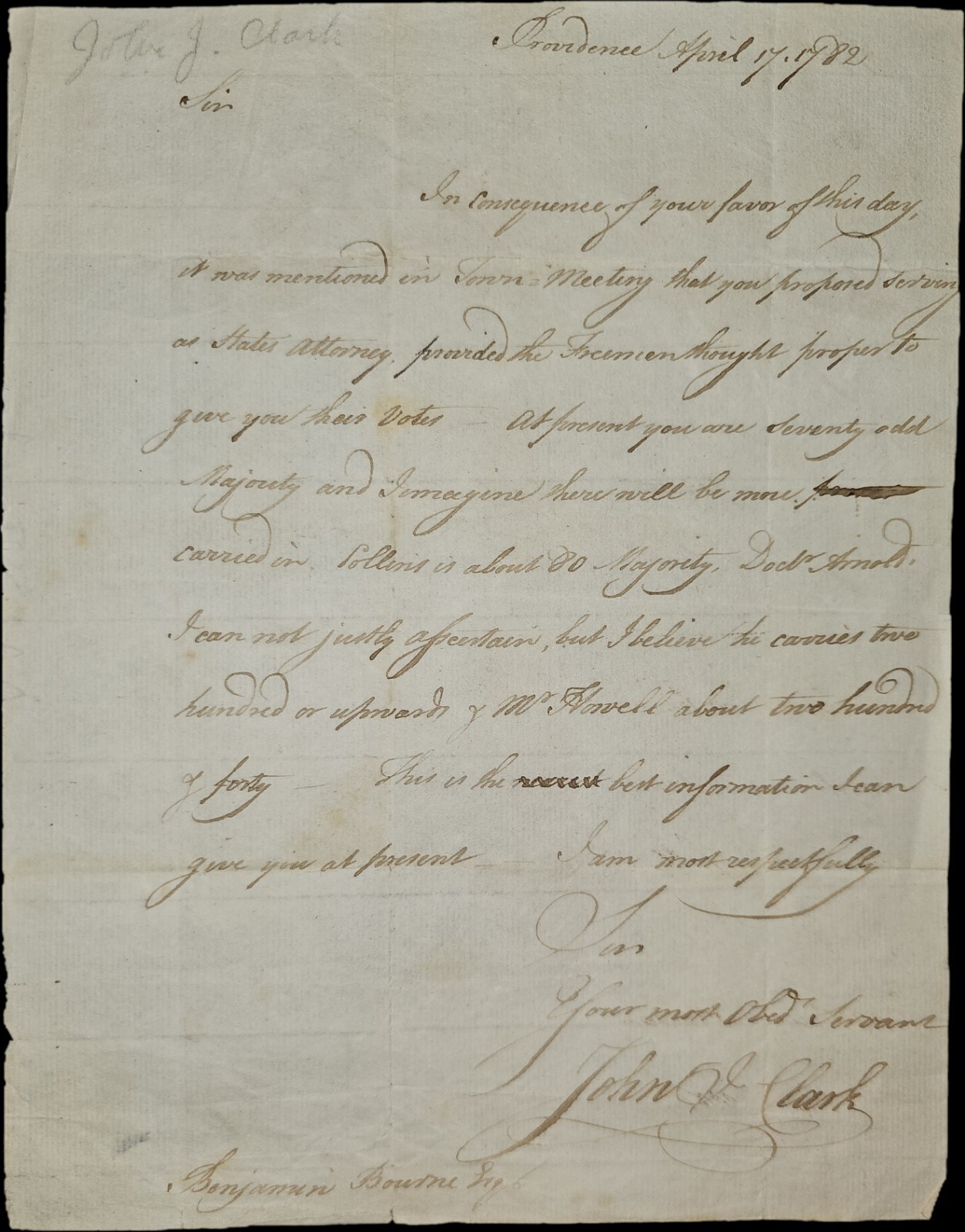 1782 Providence RI ALS J.I. Clark re: Founding Fathers Arnold & Howell Elections