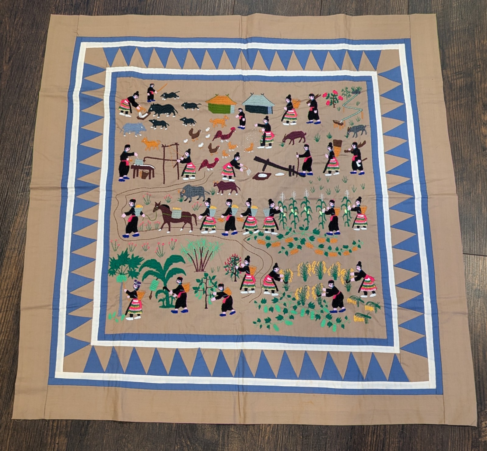 Vintage Hmong Story Cloth Hand-Embroidered People Farming w/Animals 34”x34” Nice