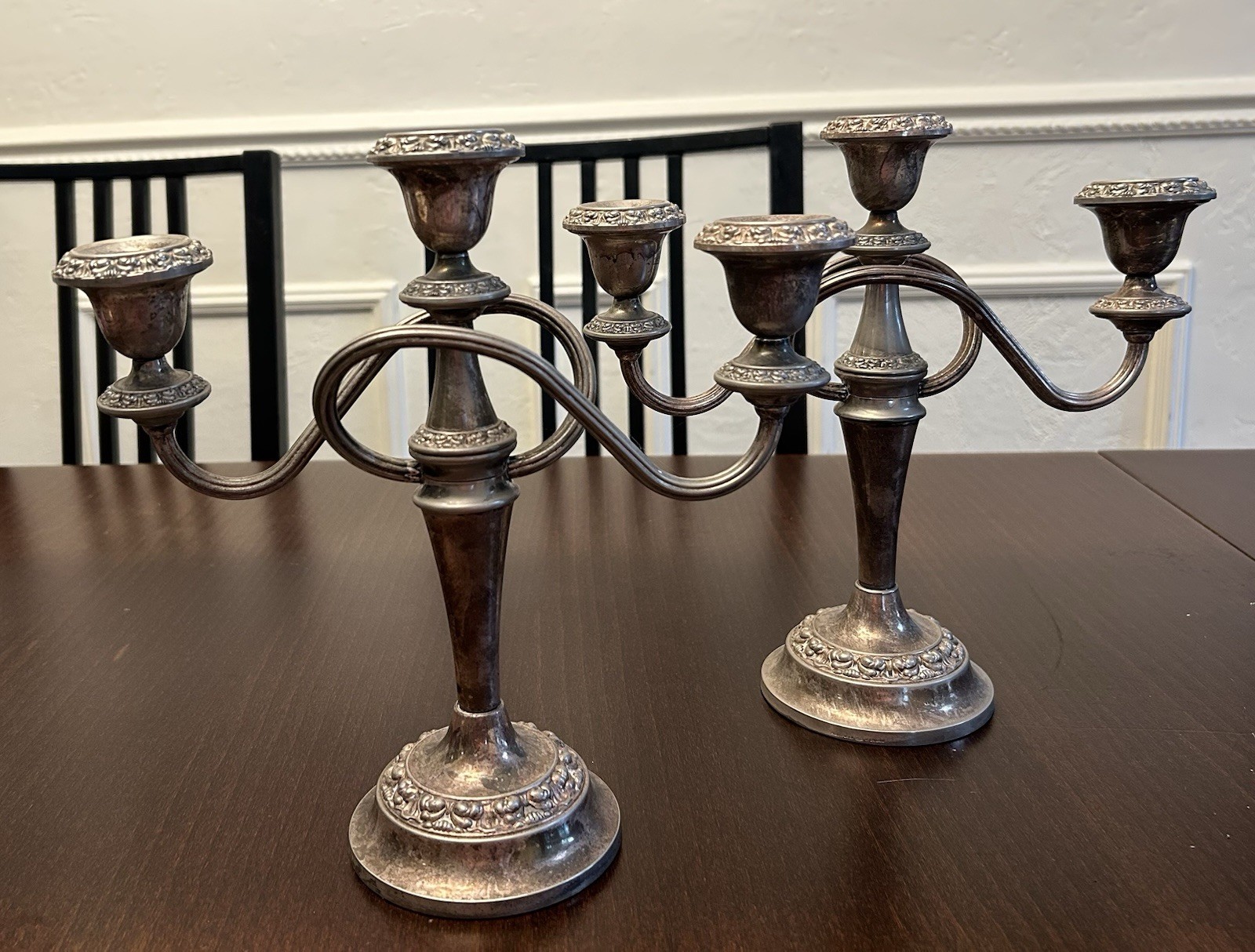 VTG IANTHE English 3 Arm Candelabra Pair Art Nouveau 1950s Silverplate Followers