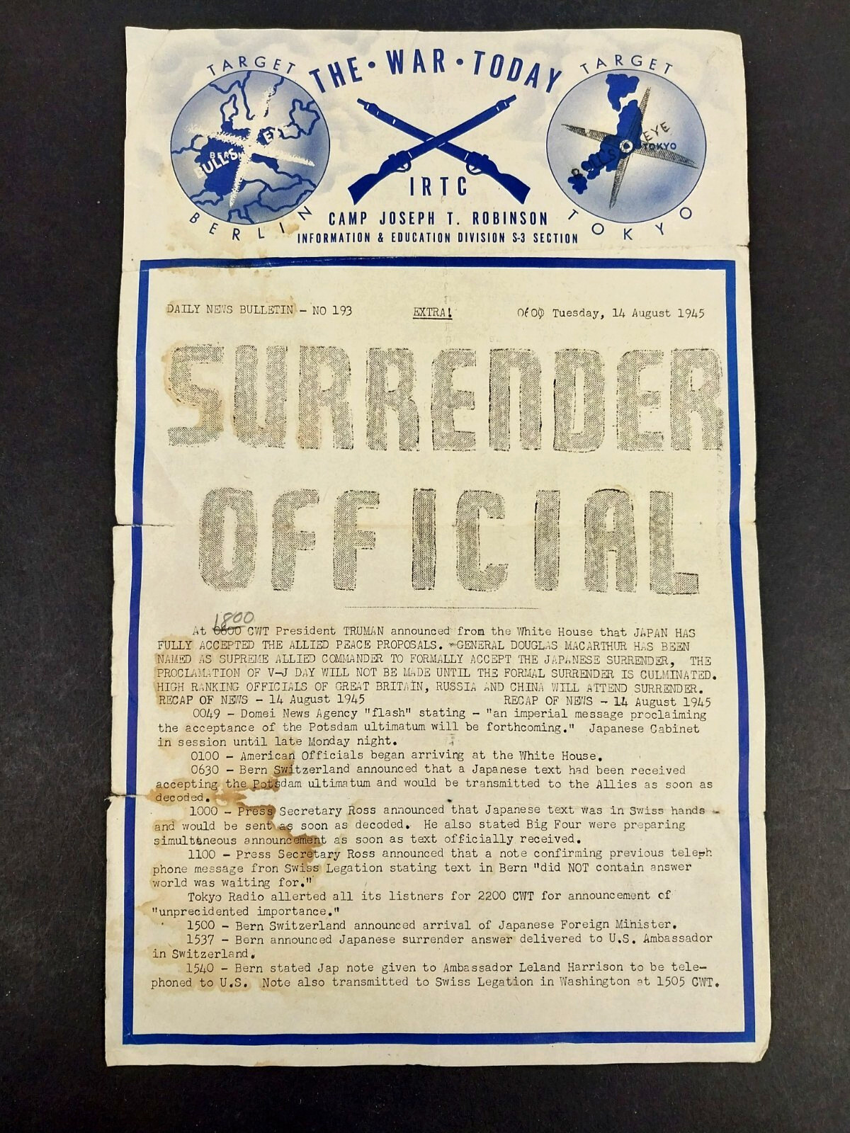 RARE WW2 The War Today IRTC Daily News Japan's Official Surrender Camp Bulletin