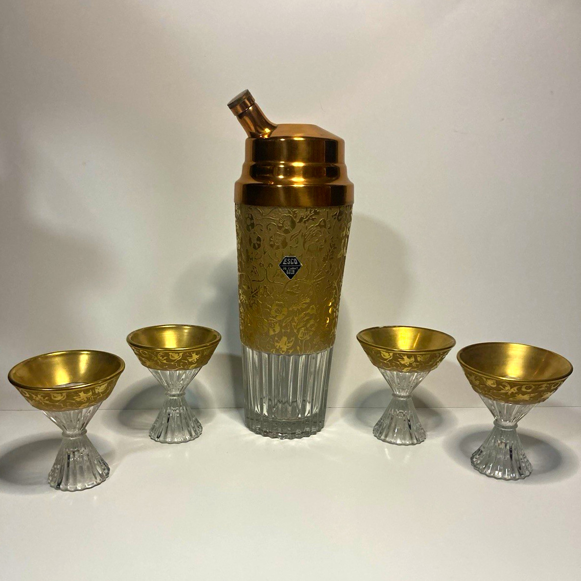 Vintage 1930s ESCO 22K Gold Cocktail Shaker Set w/ 4 Matching Glasses
