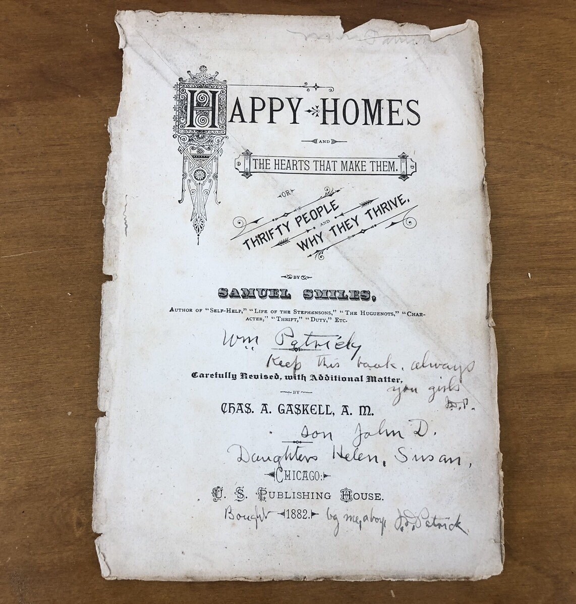 Happy Homes Title Page Signed John Douglas Patrick Family History Antique 1882