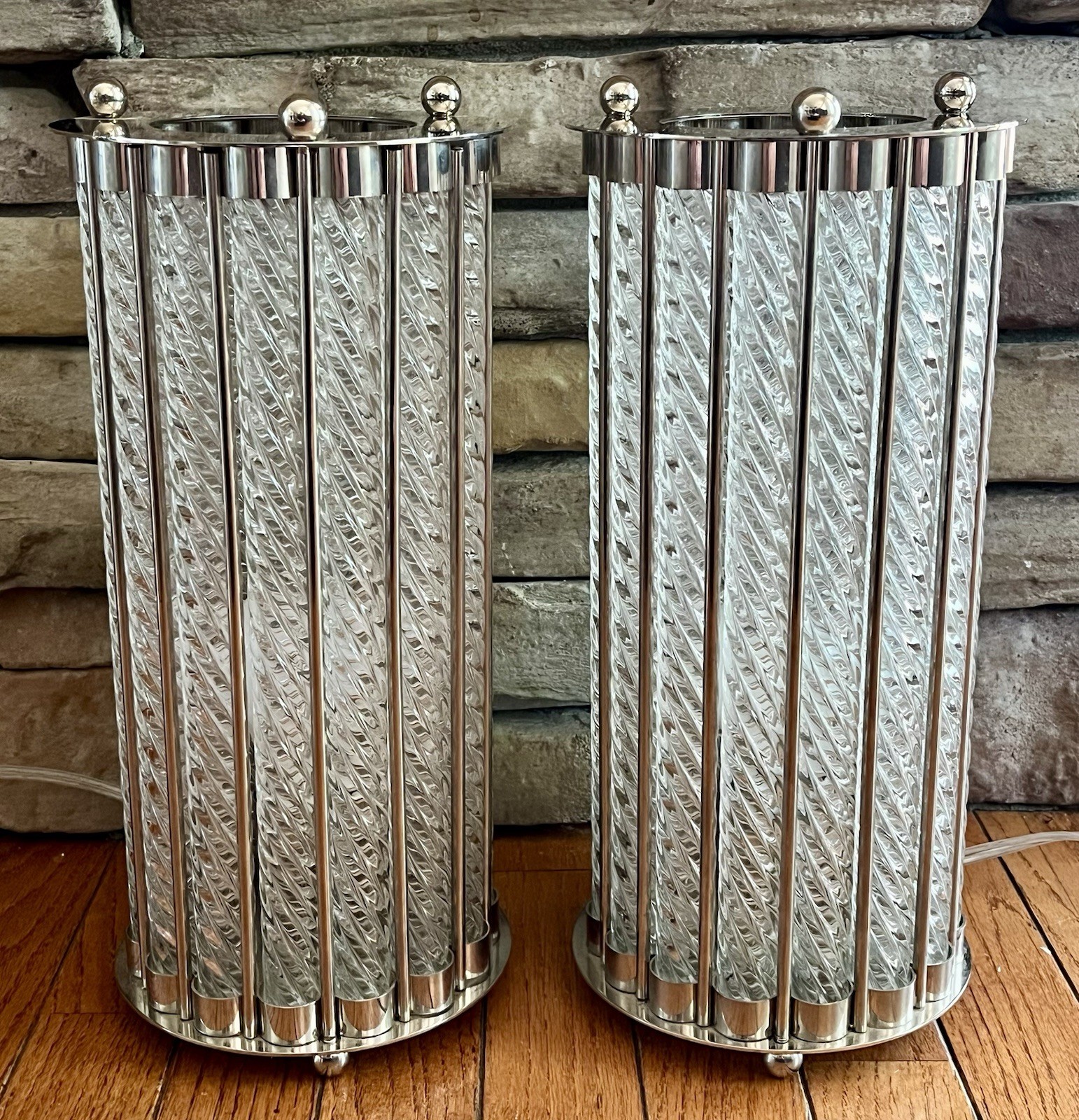NICE Pair of Art Deco Style Twisted Glass Rod & Chrome Column Table Lamps RARE