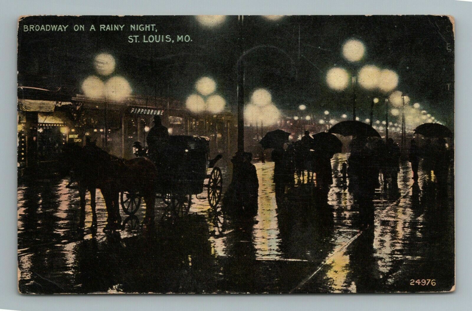 1912 Broadway Rainy Night St Louis MO Missouri Postcard