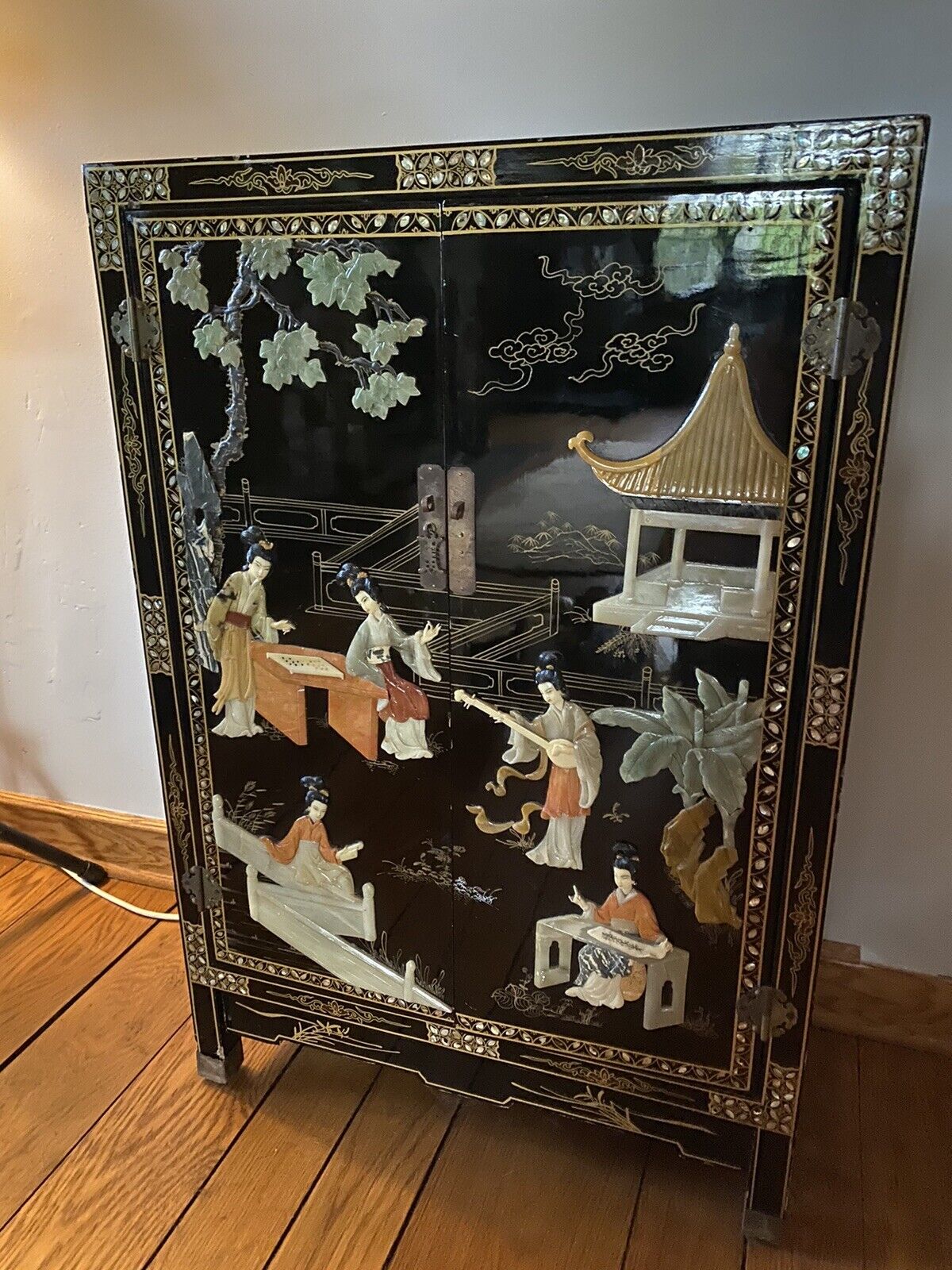 Chinese cabinet black lacquer mother of pearl inlay overlay Asian Vintage
