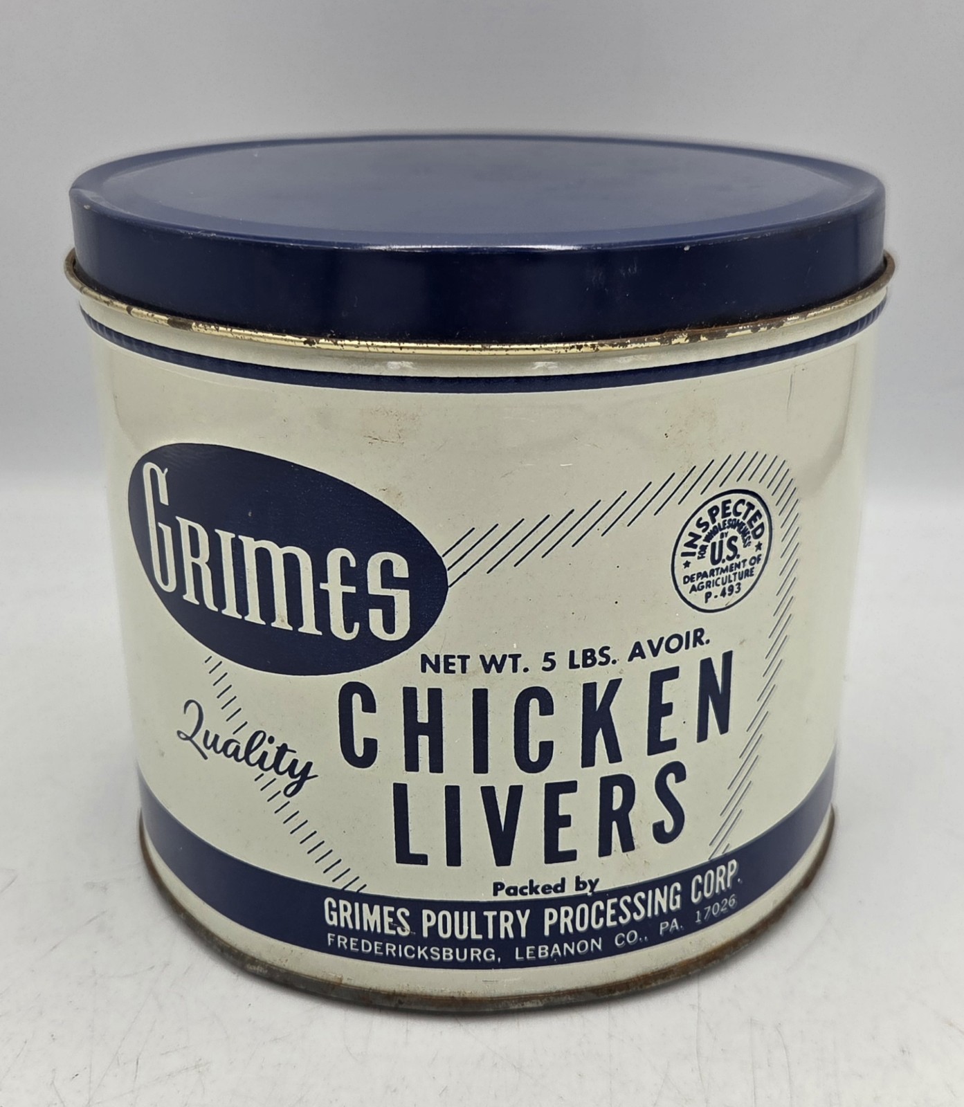 Vintage GRIMES  5 LB. Quality Chicken Livers Advertising Tin Fredericksburg, PA.