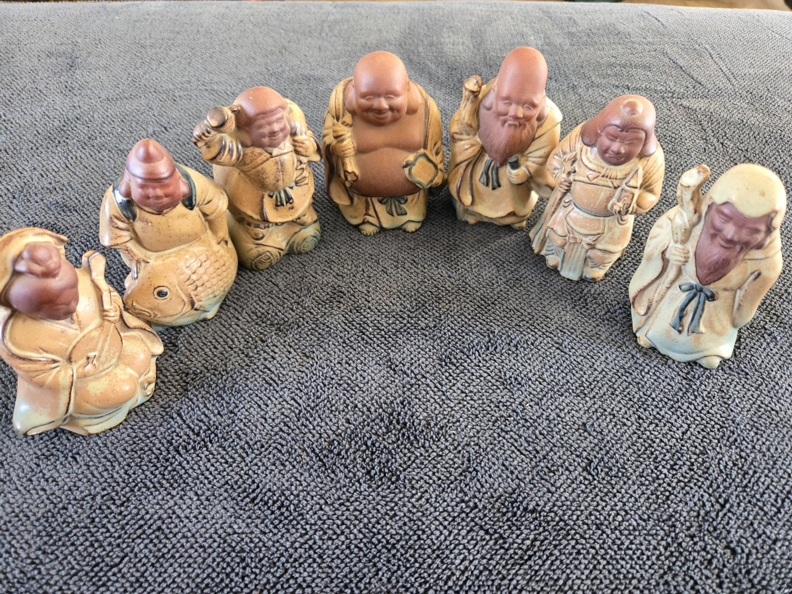 Set of 7 Japanese Redware Seven Lucky Immortal Gods Figurines Clay Pottery 4 1/4