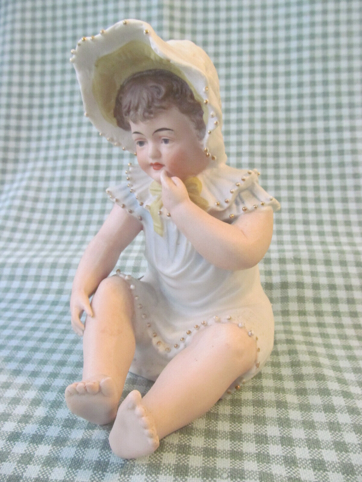 Sweetest Germany Antique Bisque Piano Baby Seated Little Girl w/Large Bonnet
