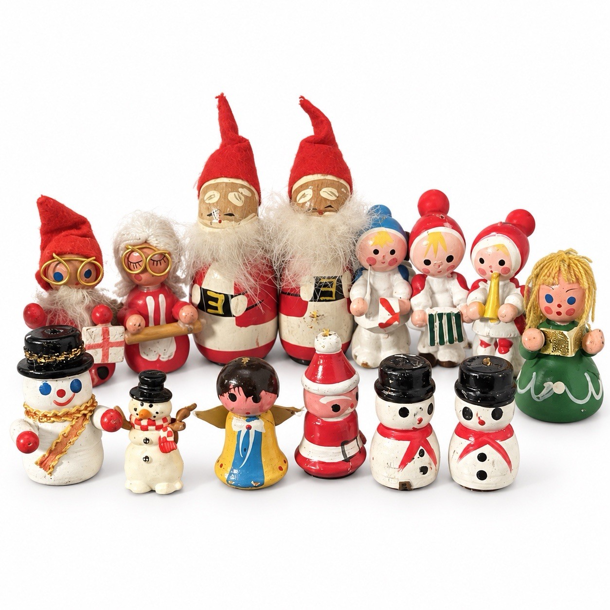 Vintage Wooden Christmas Figurines Lot 14pc Japan Taiwan Mini Santa Elf Kitsch 