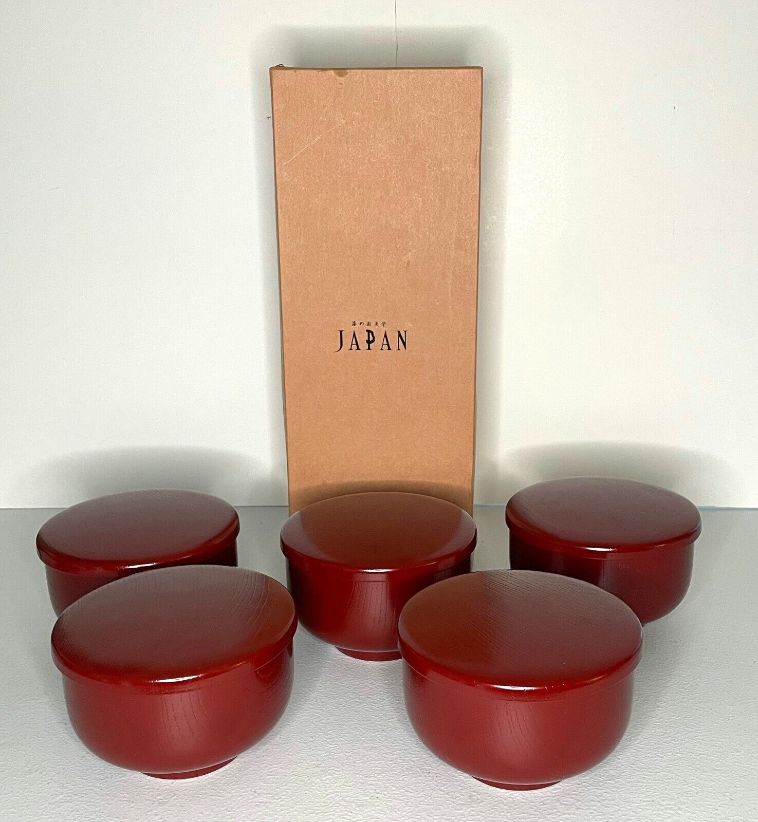 Vintage Showa Lacquerware Suction Bowls with Lids / Plates  Set of 5 Japan Red