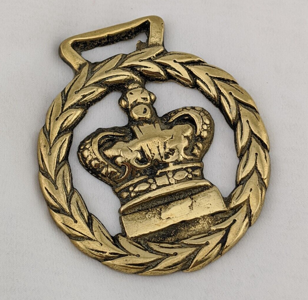 Brass Horse Medallion Vintage English Victorian Crown Royal Laurel Show Parade