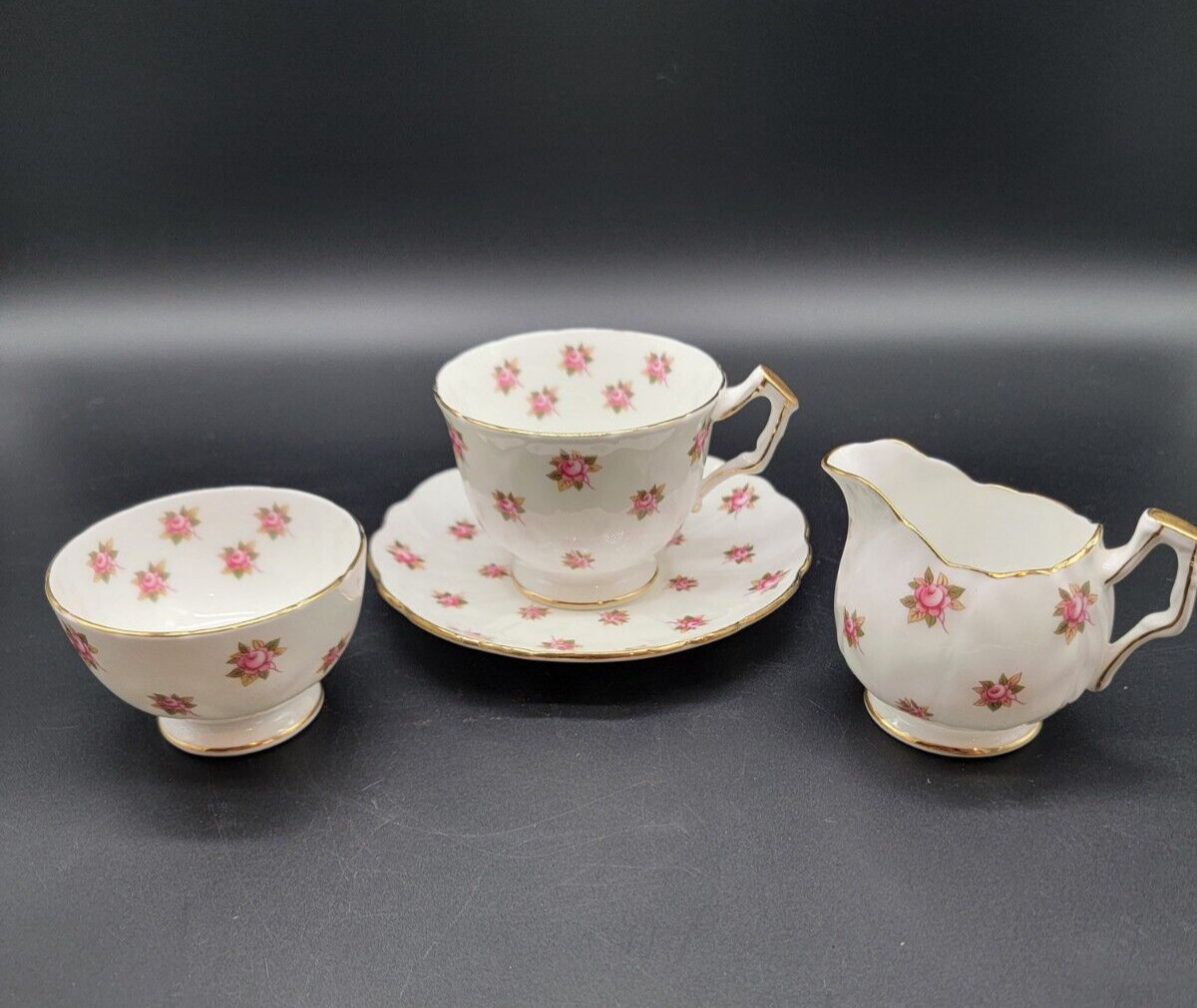 Rare Vintage AYNSLEY-Rosedale Pink Roses -Crocus Shape 4-Piece TEA SET 