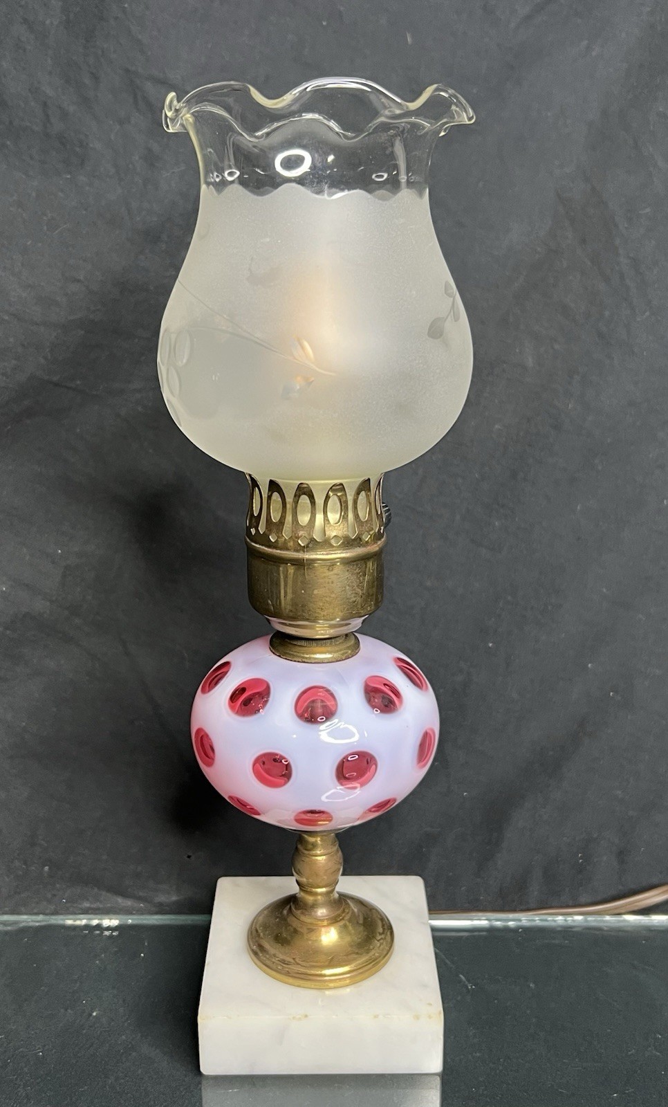 VTG Cranberry Opalescent Coin Dot Glass Parlor Lamp Marble Base Brass 12”