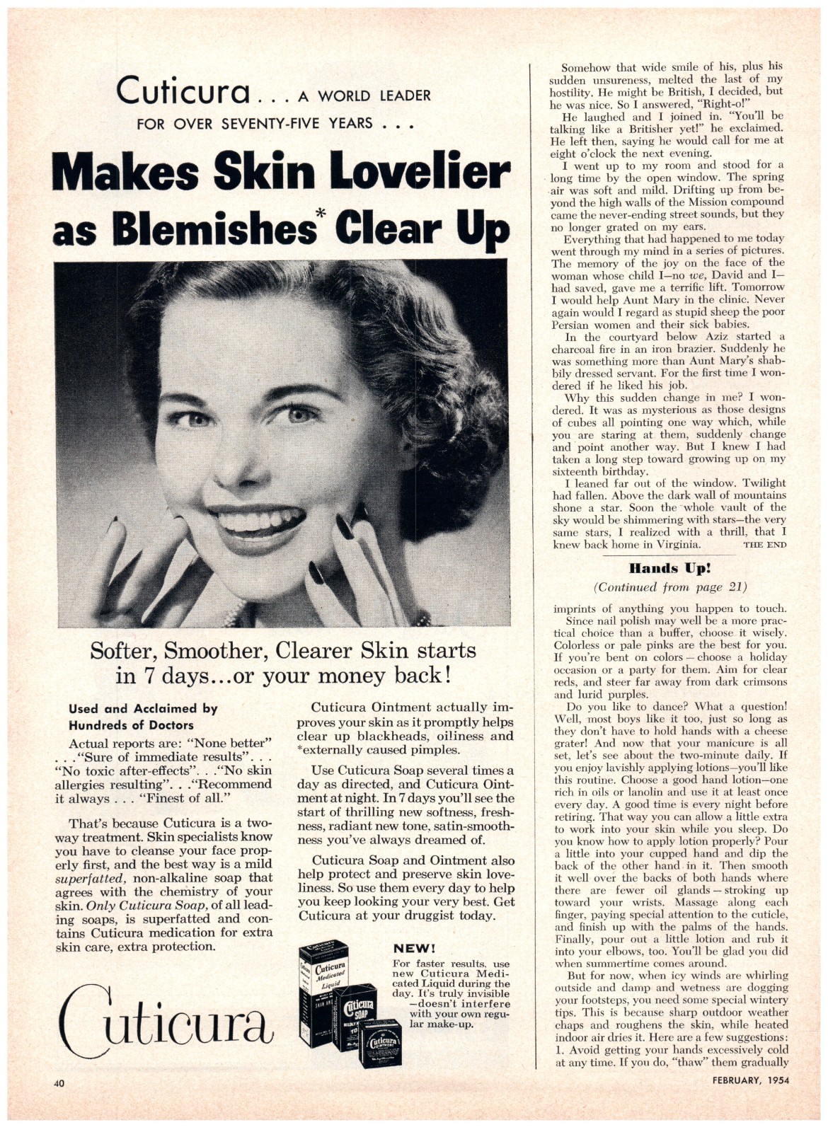 PRINT AD, 1954 Cuticura Makes Skin Lovelier Blemishes Clear Up 60\'s Teen Smile