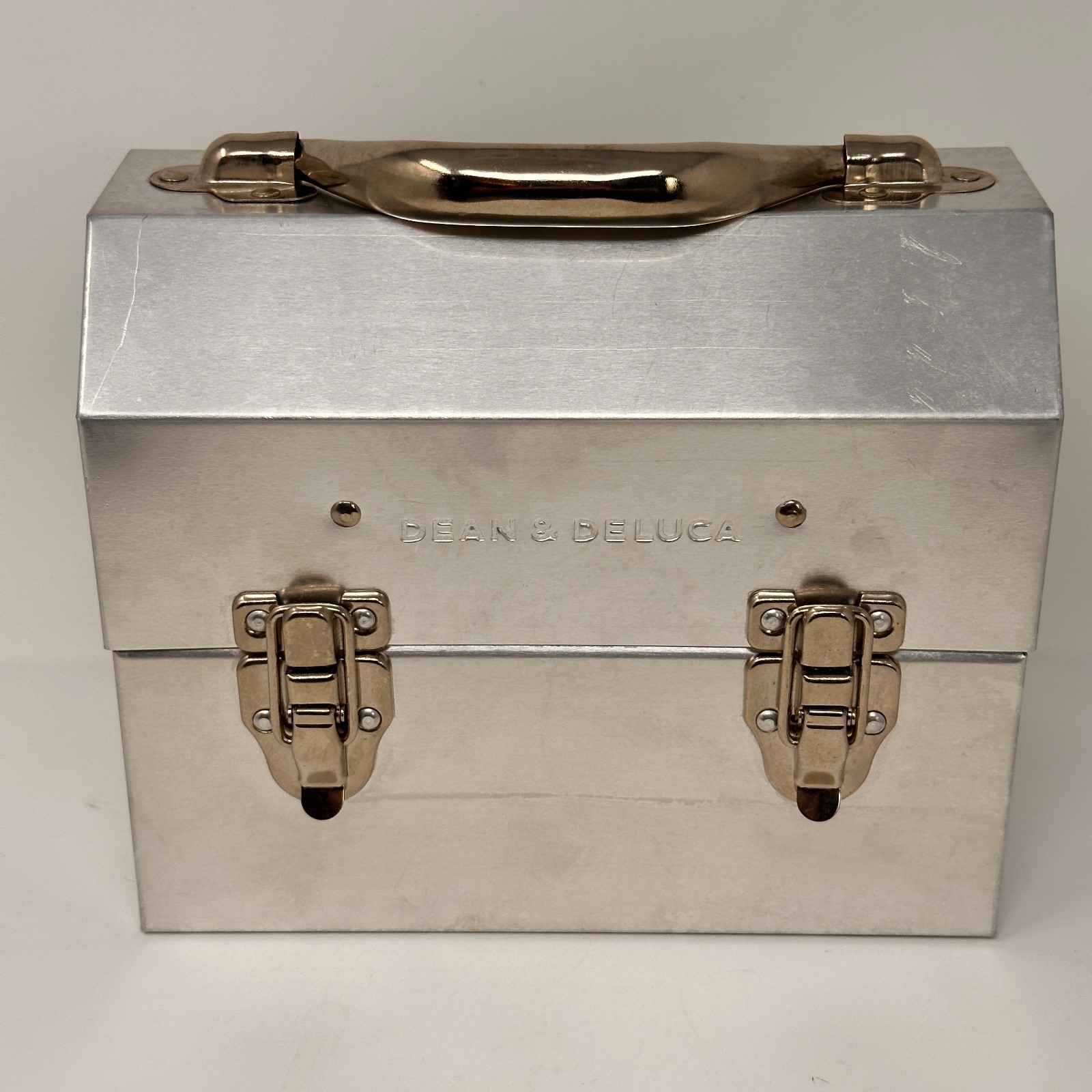 Dean & Deluca Metal Tin Lunch Box Silver Double Latch Handle Industrial Small