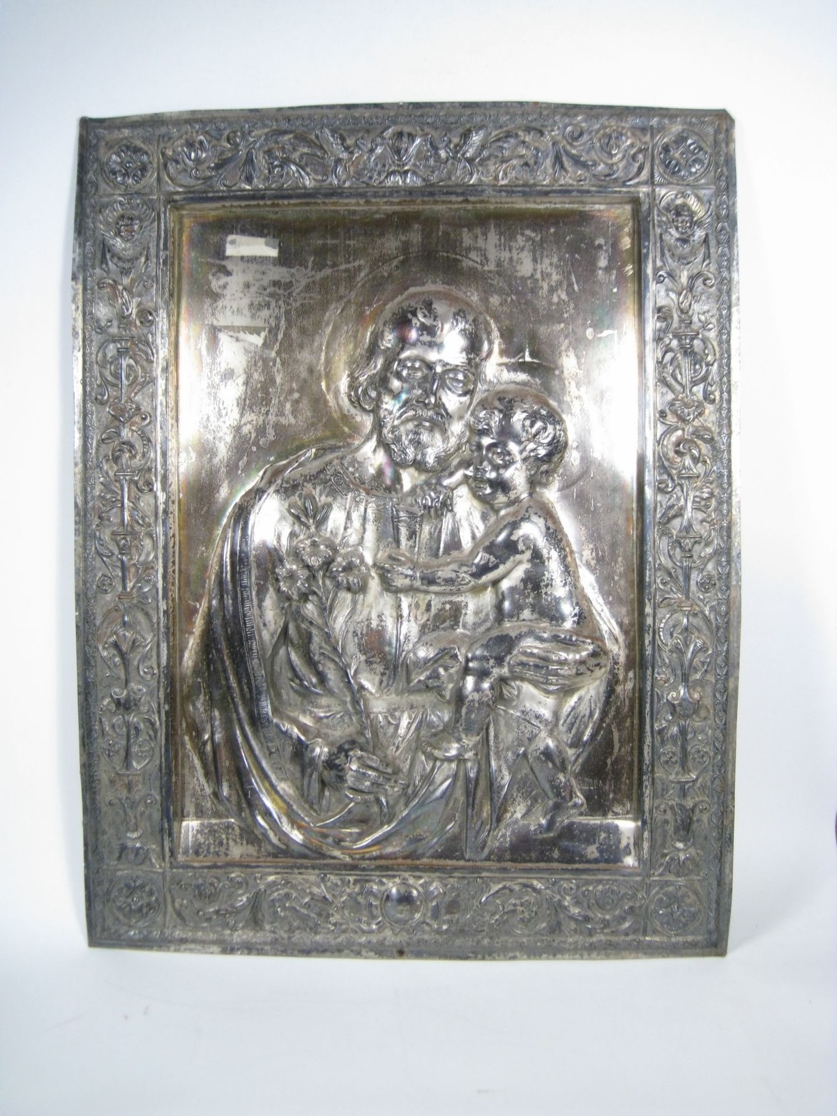 Saint Joseph with Child Vintage Silver Plated Metal Religious Icon Panel