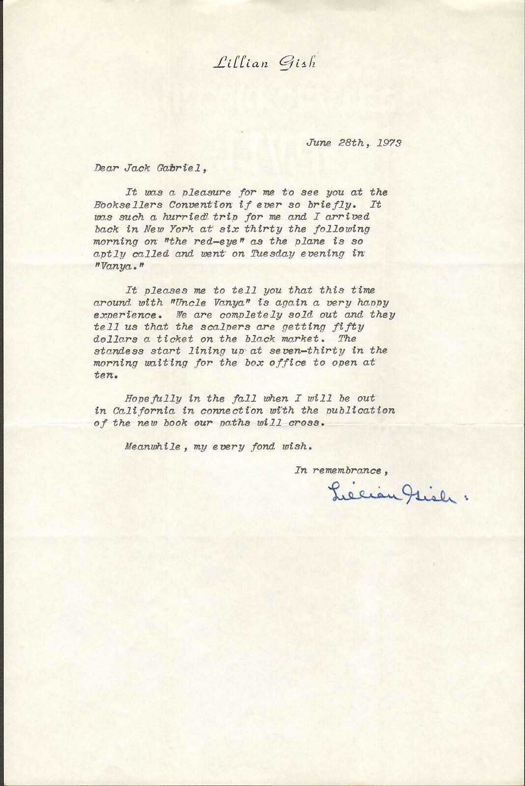 Autograph Lillian Gish, June 28, 1973 on personal stationary, signed letter