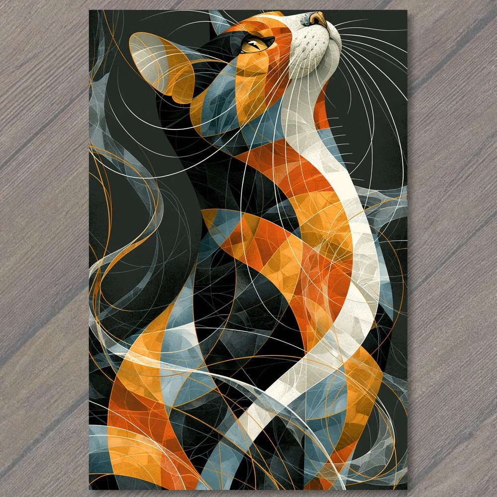 POSTCARD Abstract Cat Orange White Black Swirling Lines Surreal Fantasy Mystic