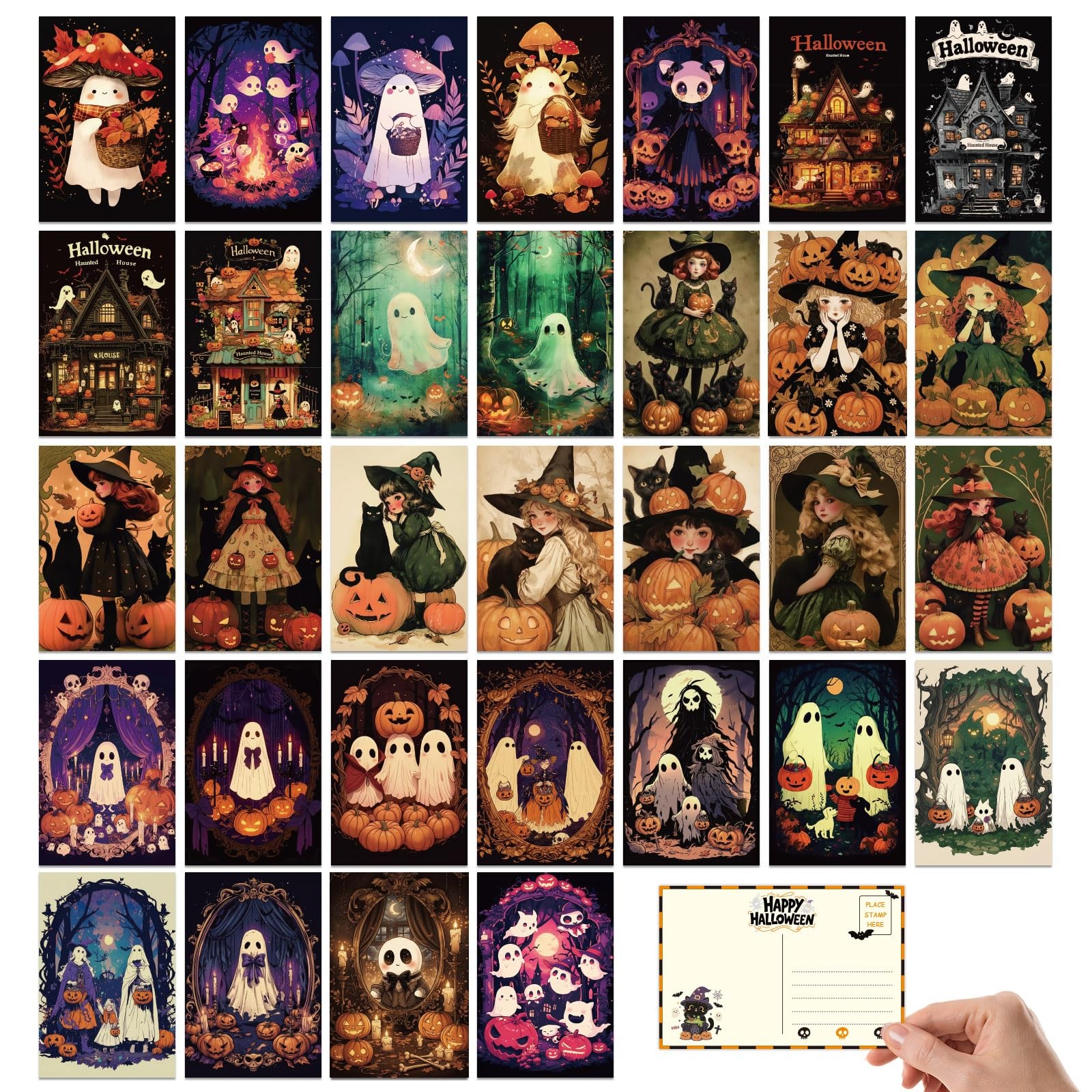 Tlenpo 32pcs Vintage Halloween Postcards, Scary Pumpkin 4*6, Witch