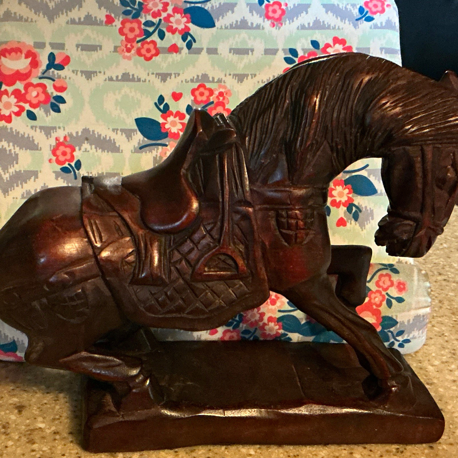 Carved Wooden Saddled Angry Horse Figurine Statue Animal Figure