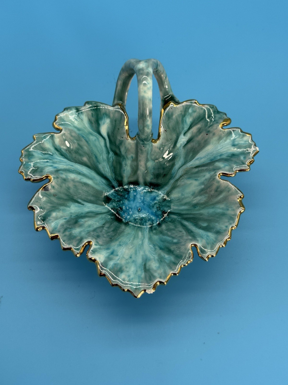 VINTAGE 1956 BPA Art Pottery Leaf Basket Bowl Green Gold Gilt Handle