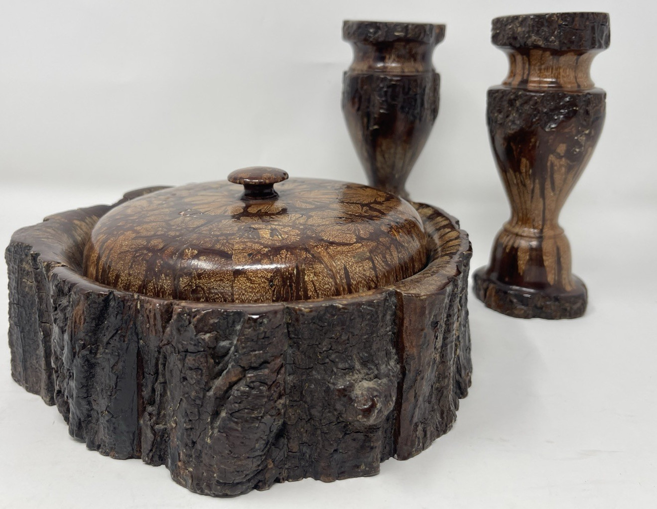 VTG Chrysanthemum Wood Carved Lidded Bowl w/ Matching Candlesticks RARE