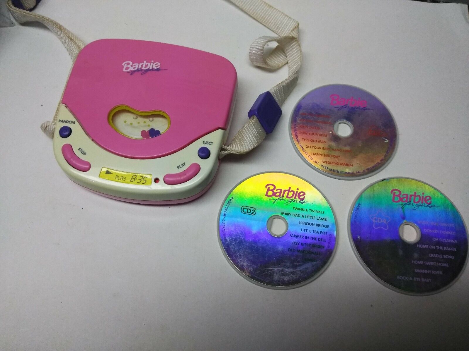 Vintage 1995 Mattel BARBIE FOR GIRLS PRETEND CD Player W/ 3 TOY CD'S PLAY MUSIC