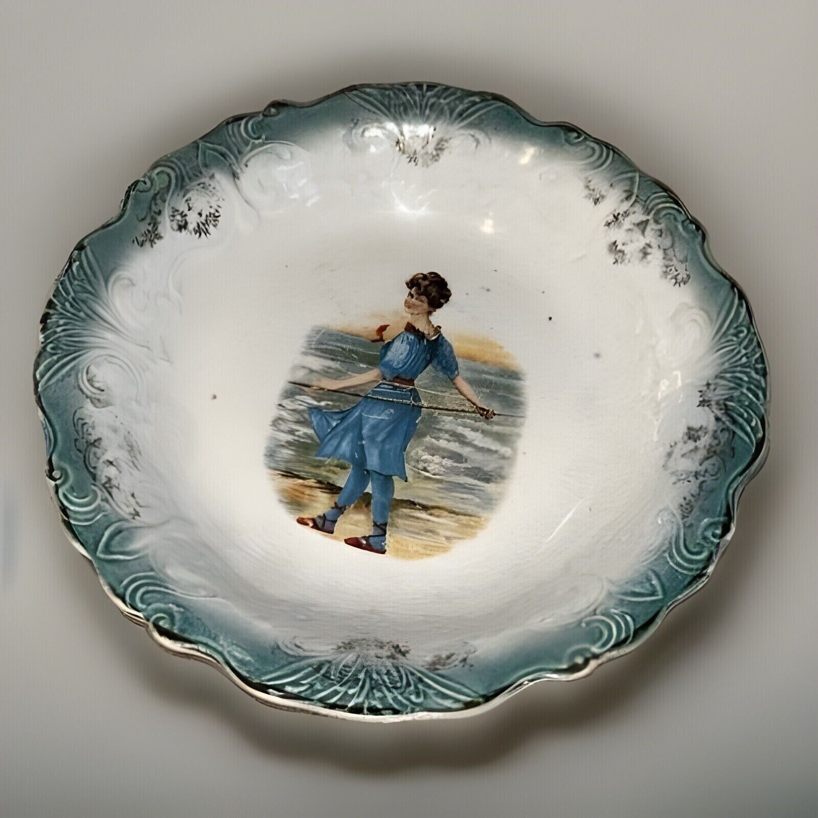 Antique LaFranciase Porcelain Bowl With Portrait Bathing Beauty