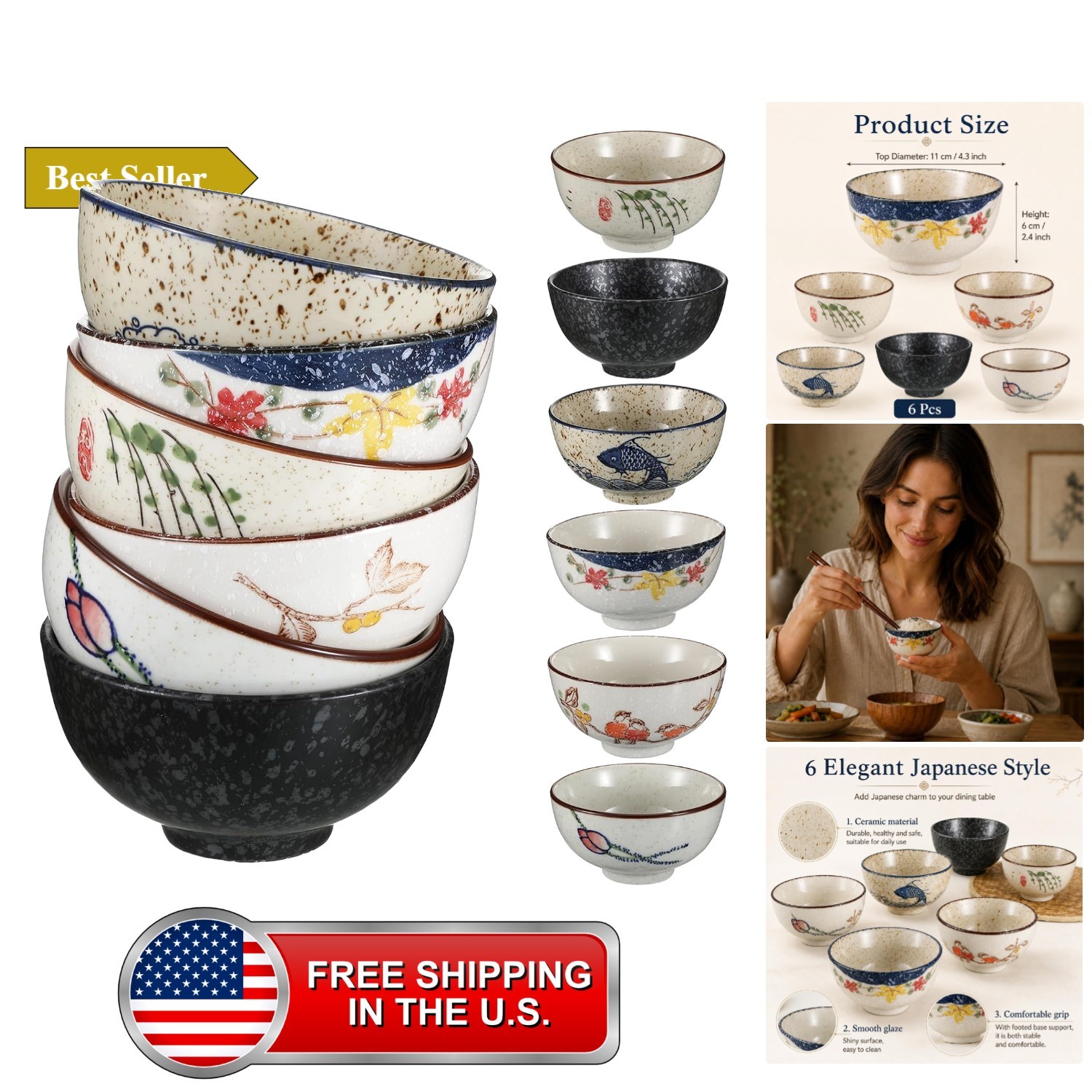 6 Pack Japanese Retro Rice Bowls Set