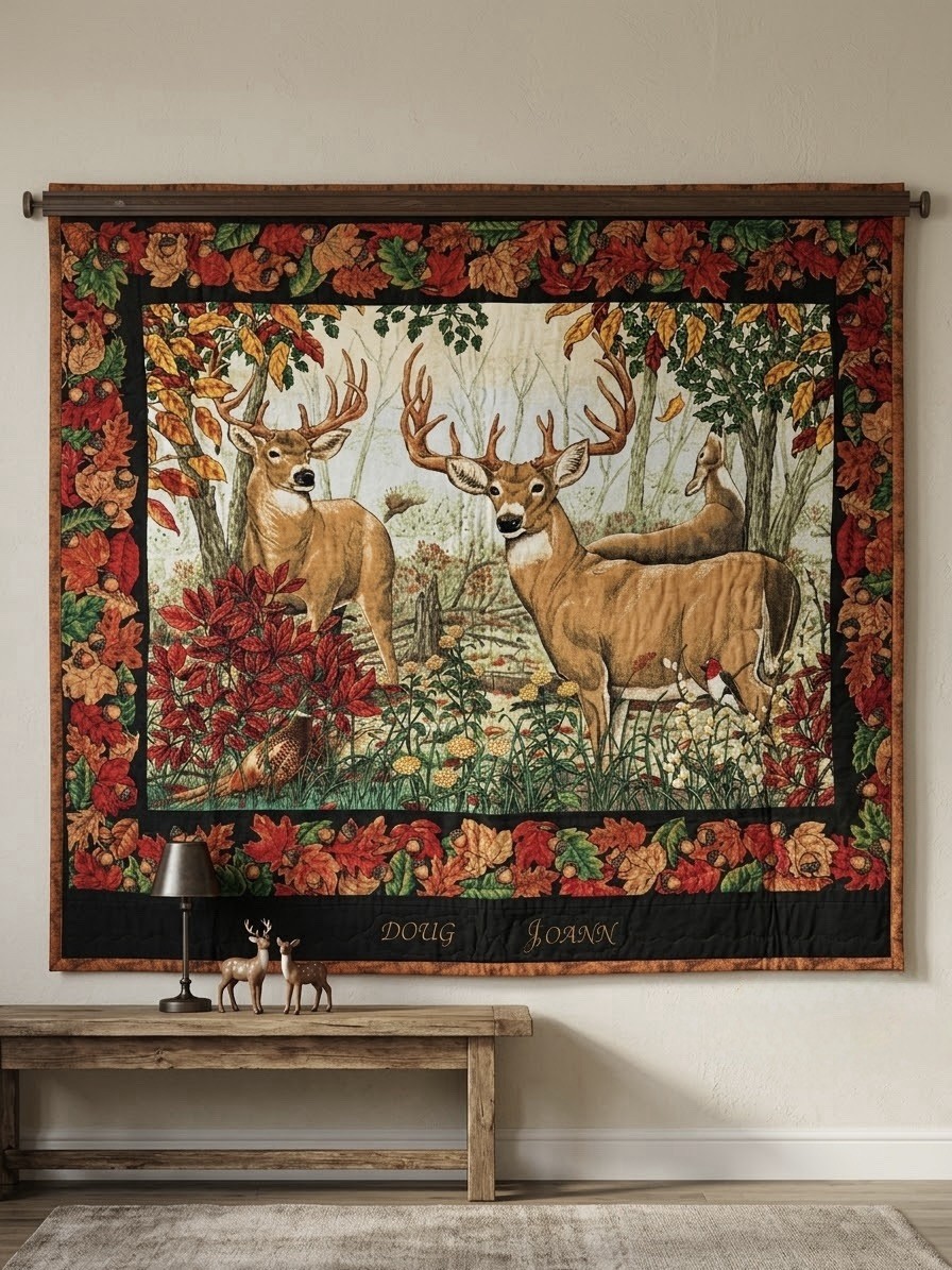 Vintage Handmade Quilt Wall Hanging Deer Buck Nature Cabin 52x42 Fall Autumn