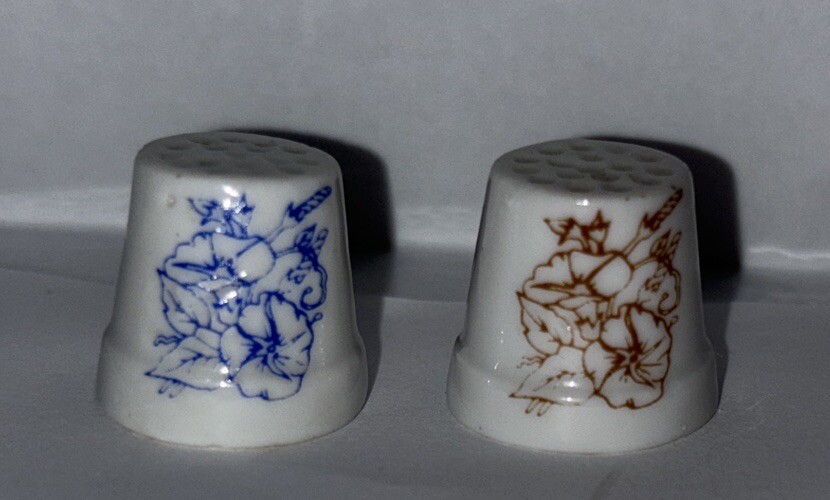 VTG Porcelain Thimbles Two/2 Blue & Brown Flowers 1/2” VTG Porcelain Thimbles Two/2 Blue & Brown Flowers 1/2”