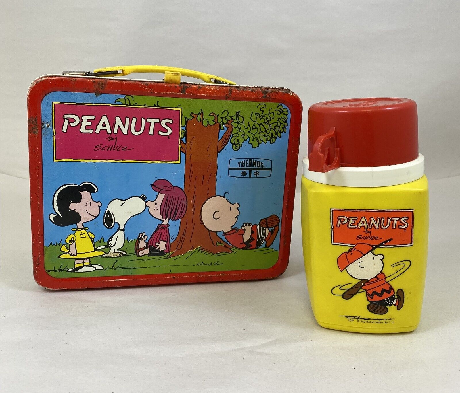 1973 PEANUTS LUNCH BOX WITH THERMOS CHARLIE BROWN SNOOPY PSYCHIATRIC HELP, USED