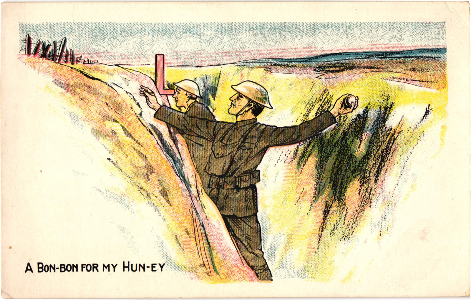 YMCA Satire World War 1 A Bon-Bon For My Hun-ey Postcard Soldiers in Trench