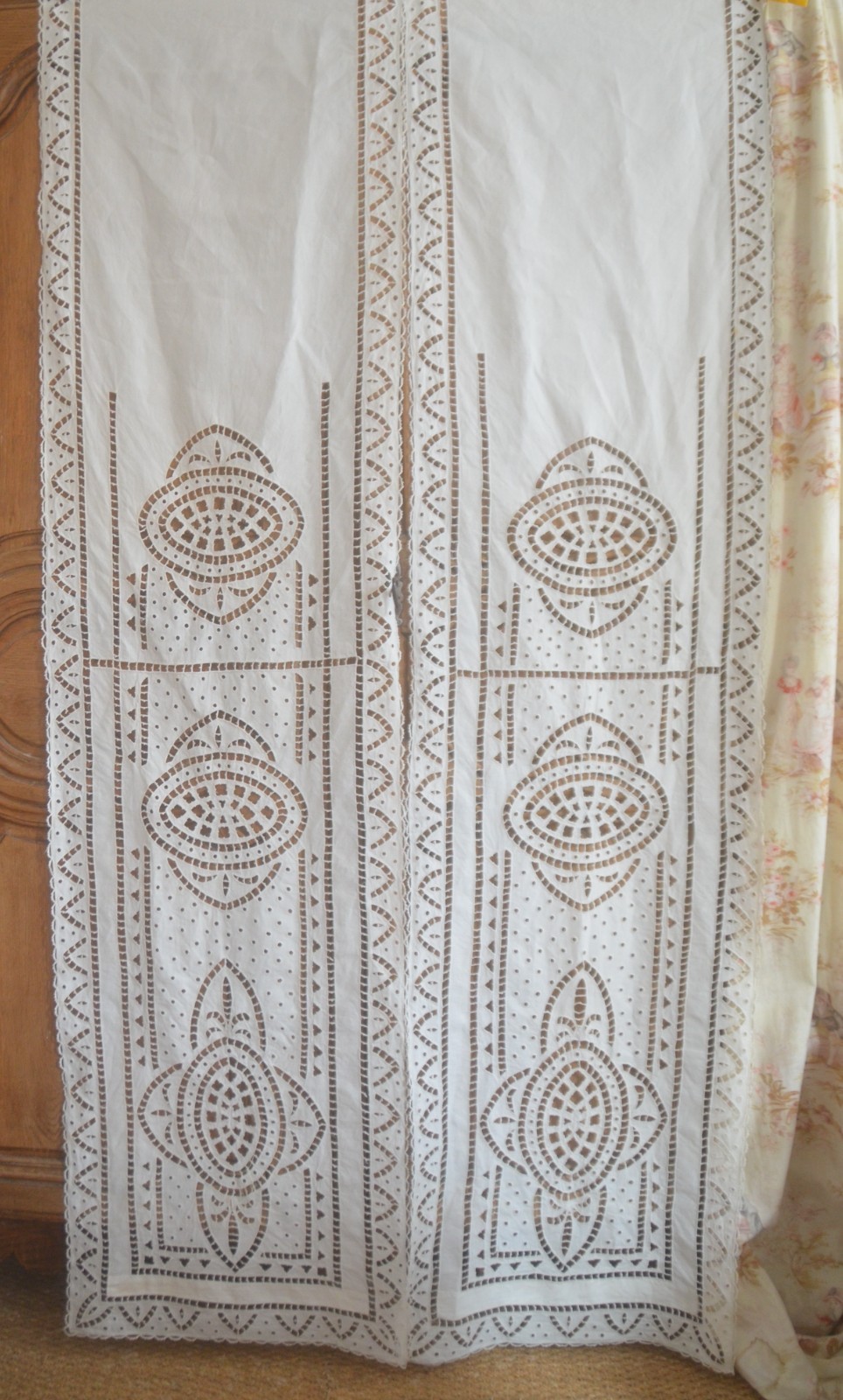 Pair of  antique French Richelieu hand embroidered Art Nouveau blinds
