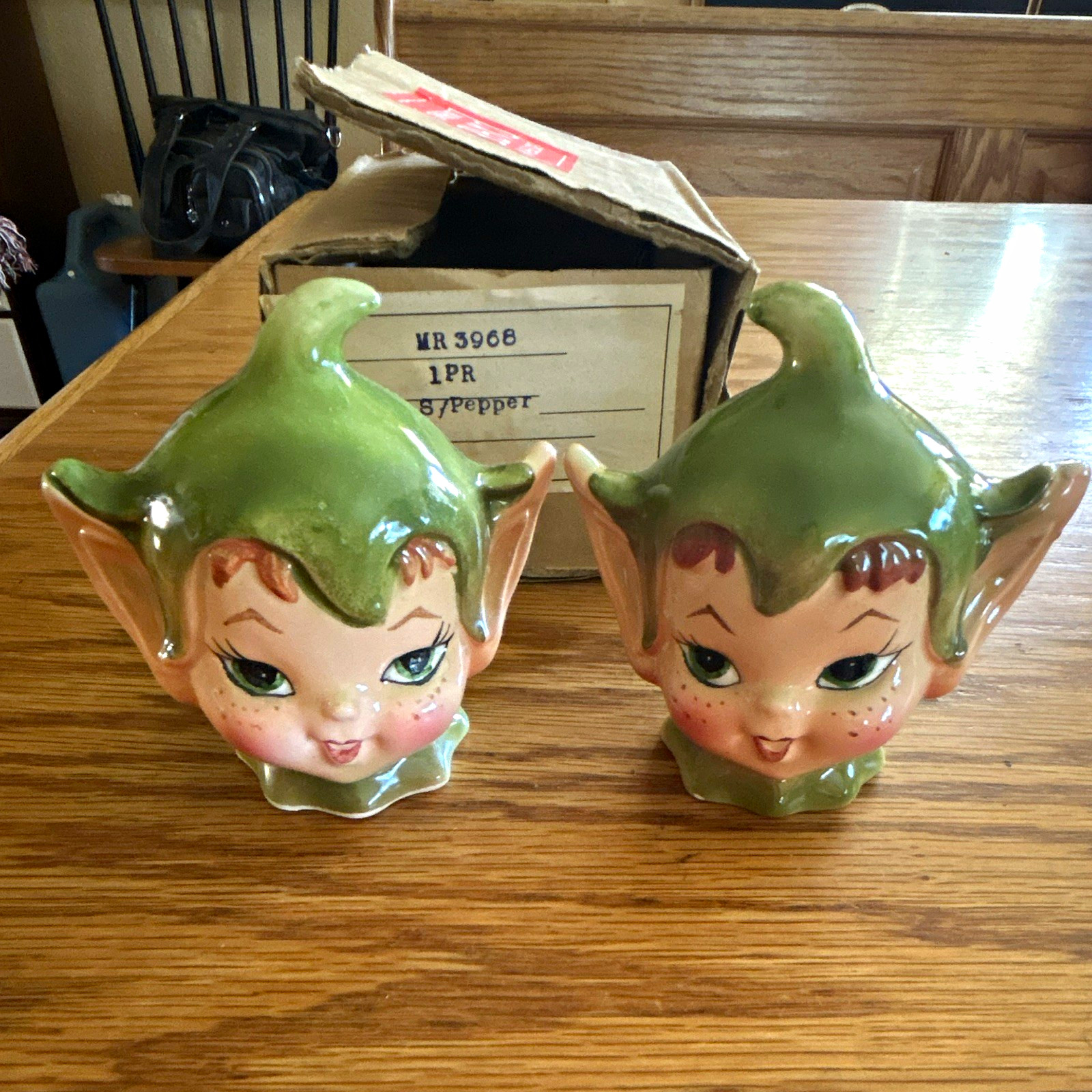 Lefton in Japan 1950s Vintage Ceramic Pixie/Elf Head S&P Shakers MR 3968