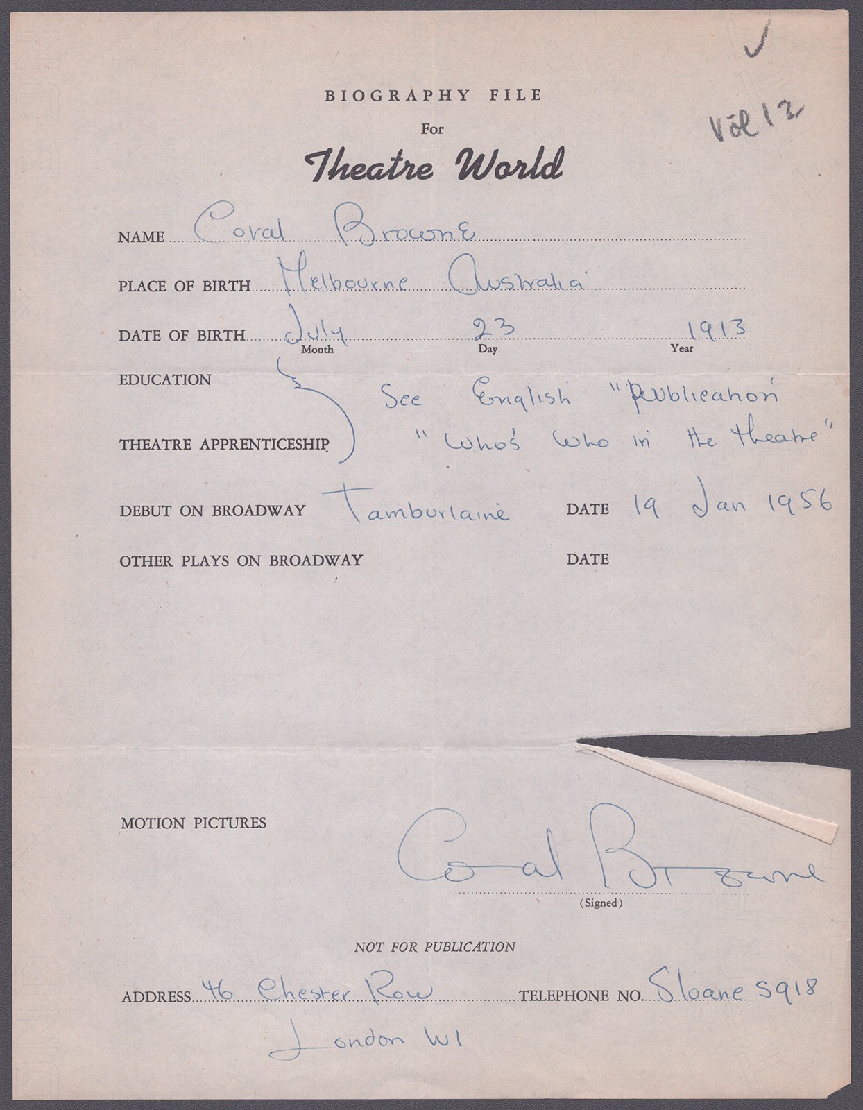 CORAL BROWNE - AUTOGRAPH RESUME SIGNED