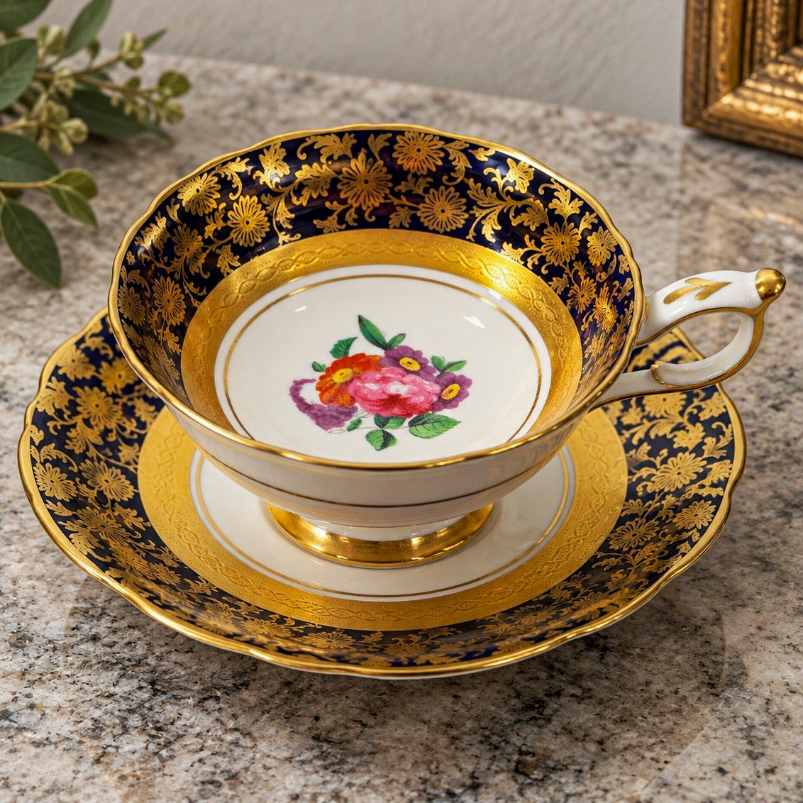 Vintage Paragon Cobalt Blue Gold Encrusted Floral Tea Cup Saucer England
