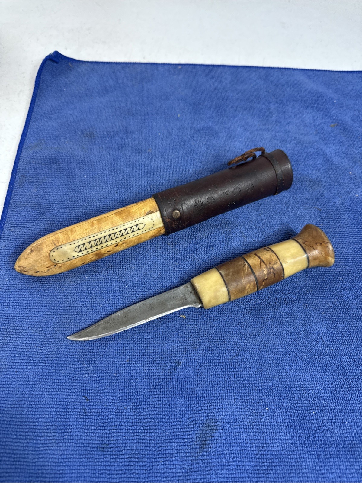 Antique Vintage Sami Lapland Puukko Knife Antler Bone Birch Inlay Leather Sheath