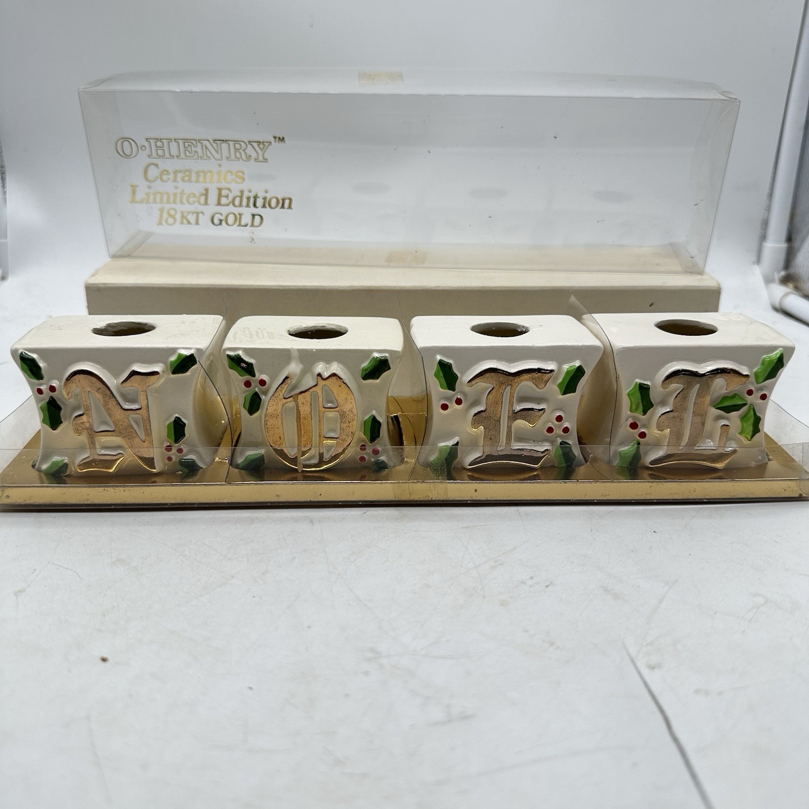 Vtg O\'Henry NOEL candle holders Limited Edition 18k Gold Trim Christmas Ceramic