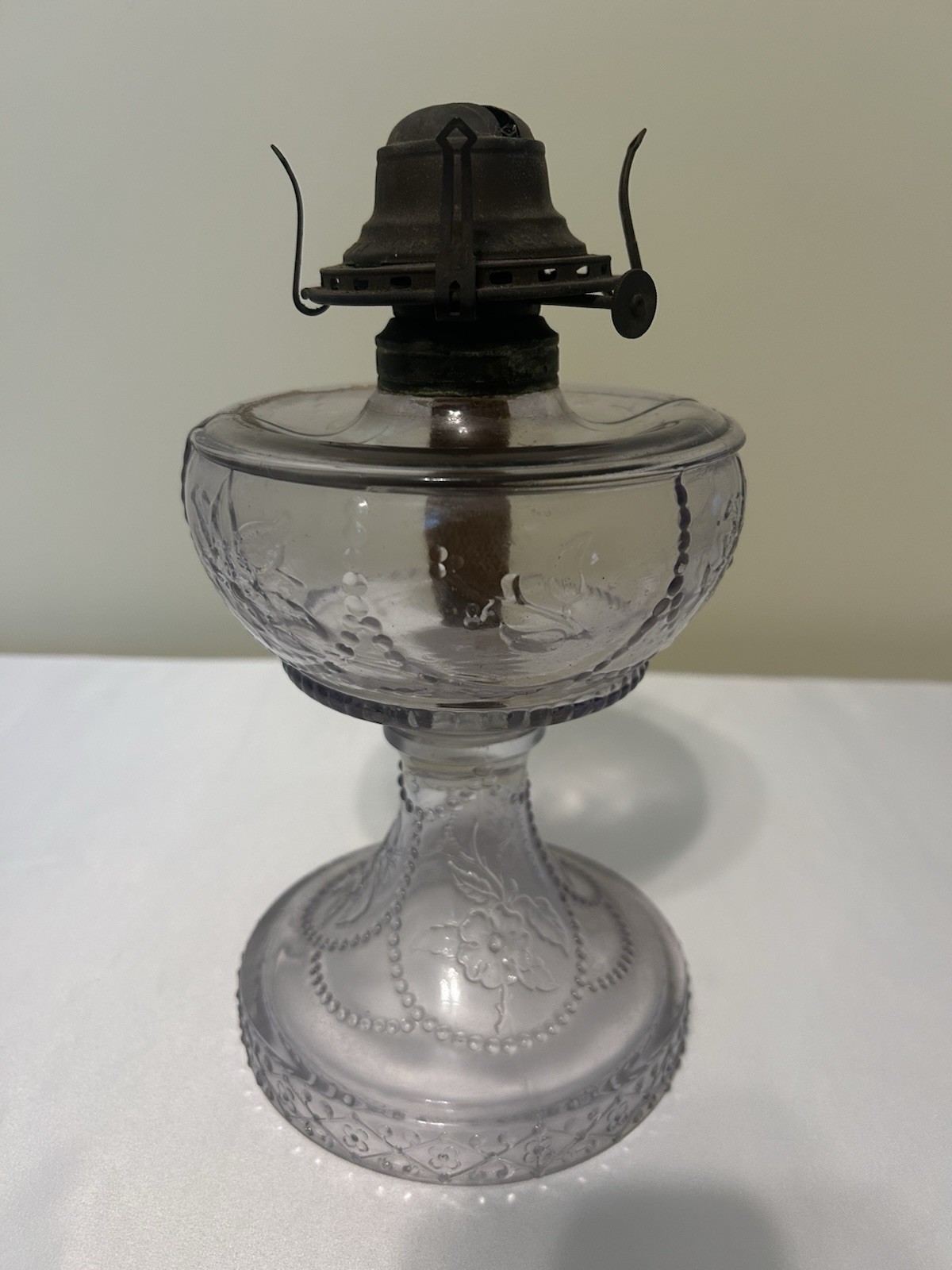 Clear Pressed Glass Kerosene Oil Lamp Beaded Swag Floral Victorian Burner