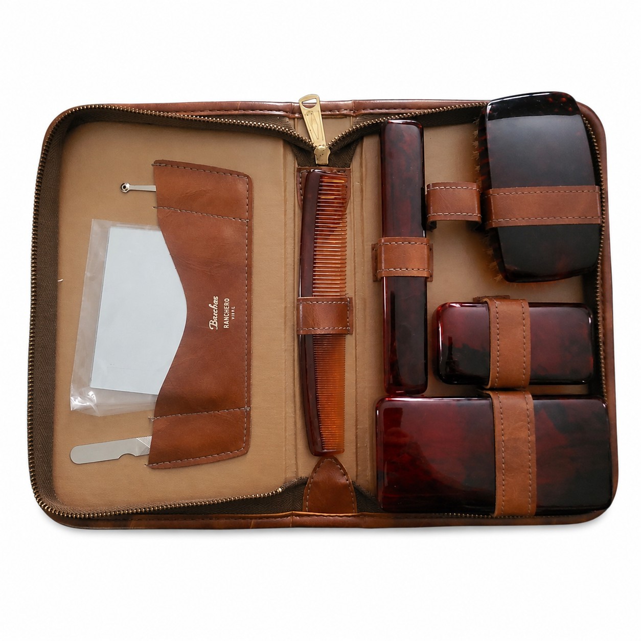 Vintage 1960s Brecher Ranchero Mens Grooming Travel Kit Tortoiseshell Case