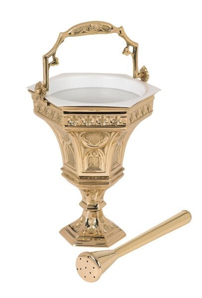 Brass Embossed Holy Water Pot With Sprinkler Set For Church Religious Accessory