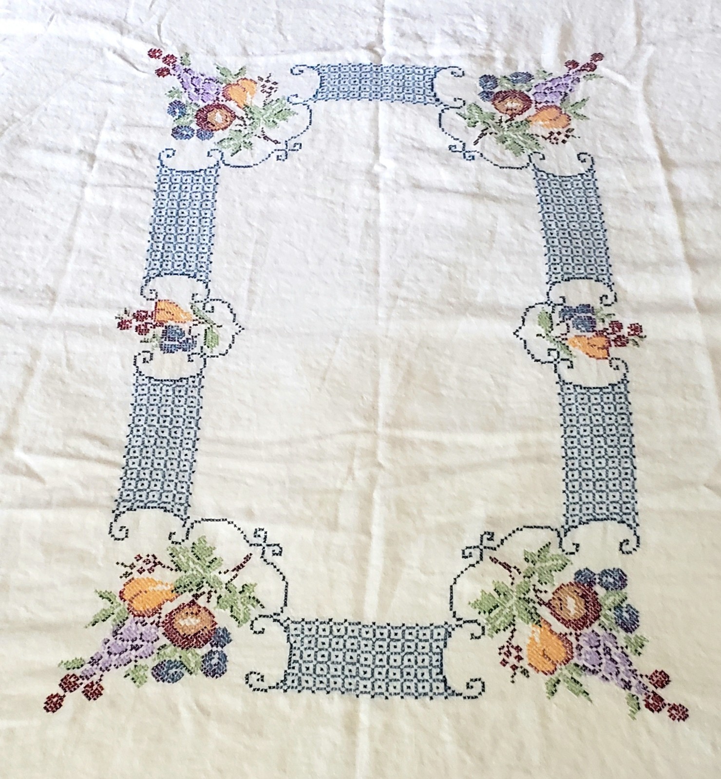Vintage Linen Cross Stitch Tablecloth 62x50 Hand Embroidered Floral Blue 30s-40s